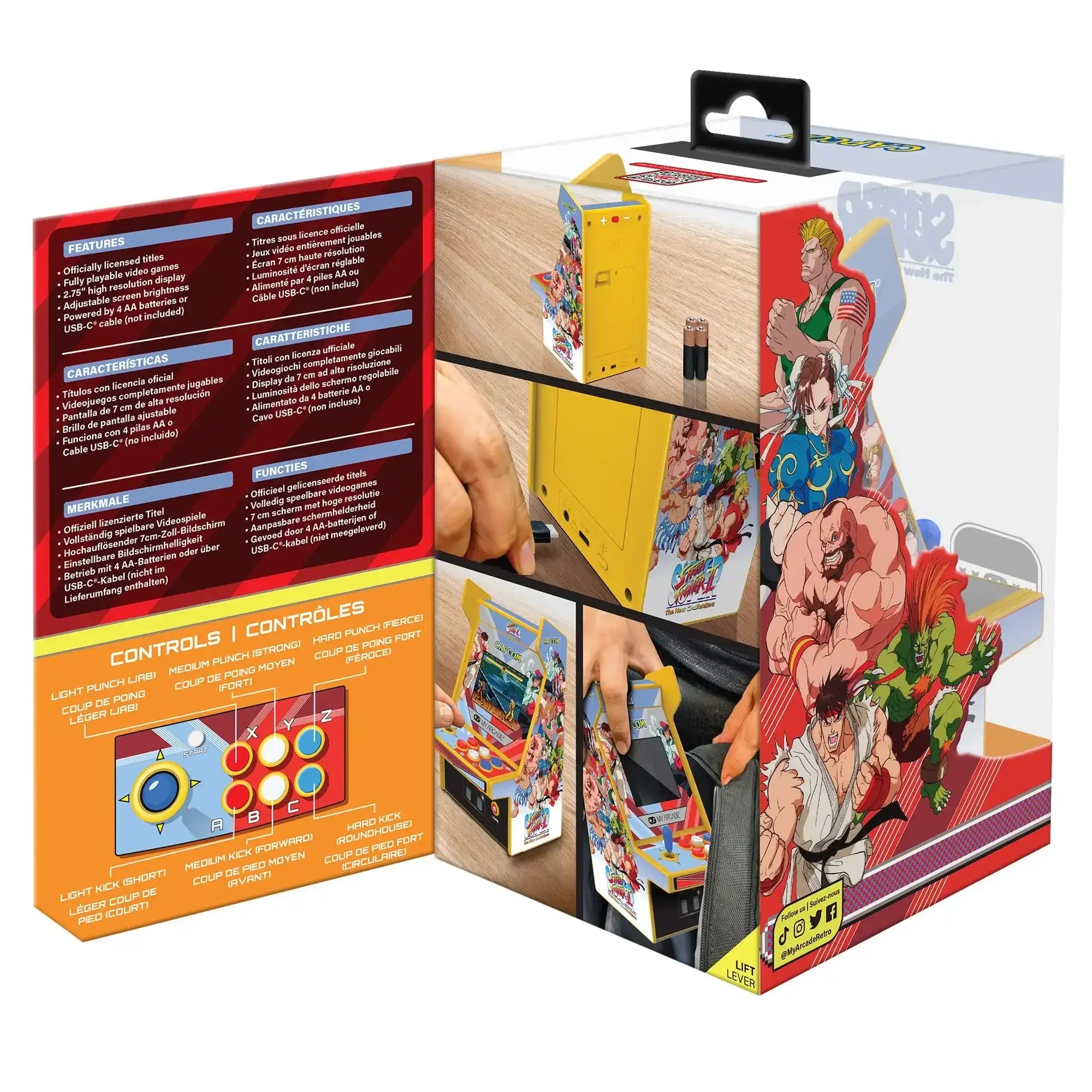 Opakowanie mini automatu arcade Street Fighter z grafiką postaci, instrukcje i przyciski sterowania.
