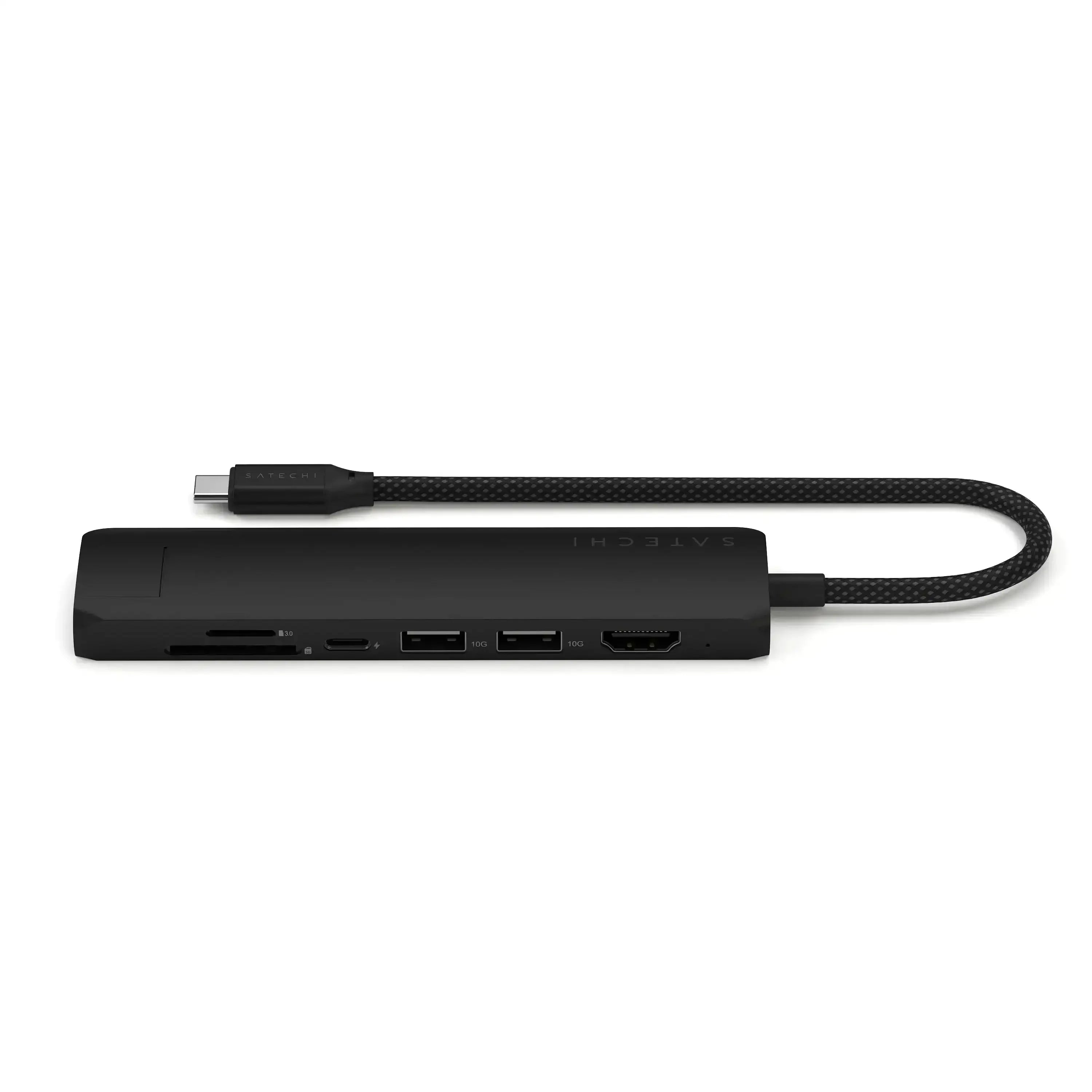 Czarny hub USB-C 7w1 z HDMI, Ethernet, czytnikiem kart, dwa porty USB do biura