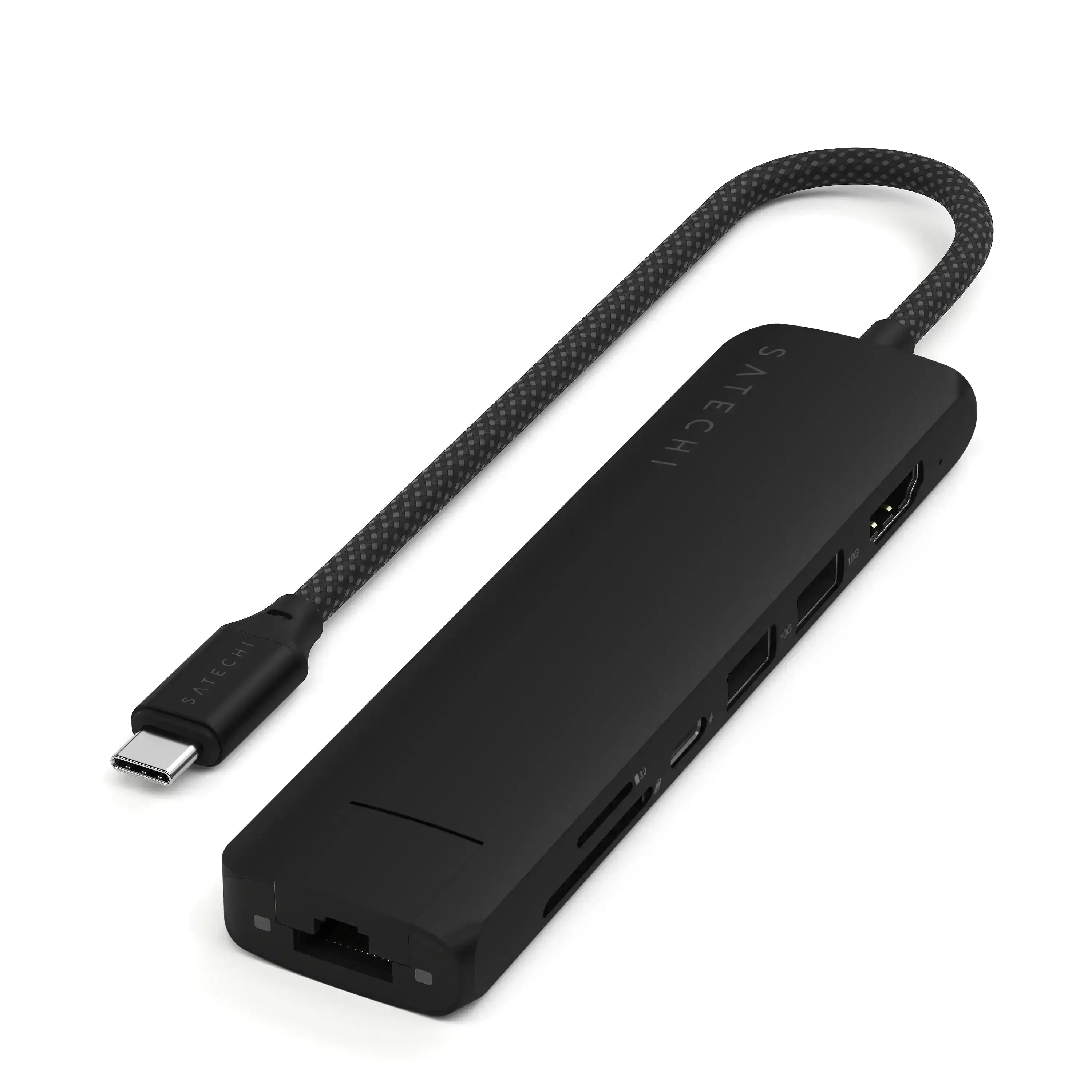 Czarny adapter USB-C 7w1 z portami Ethernet, HDMI, USB, SD, cienka konstrukcja biurowa