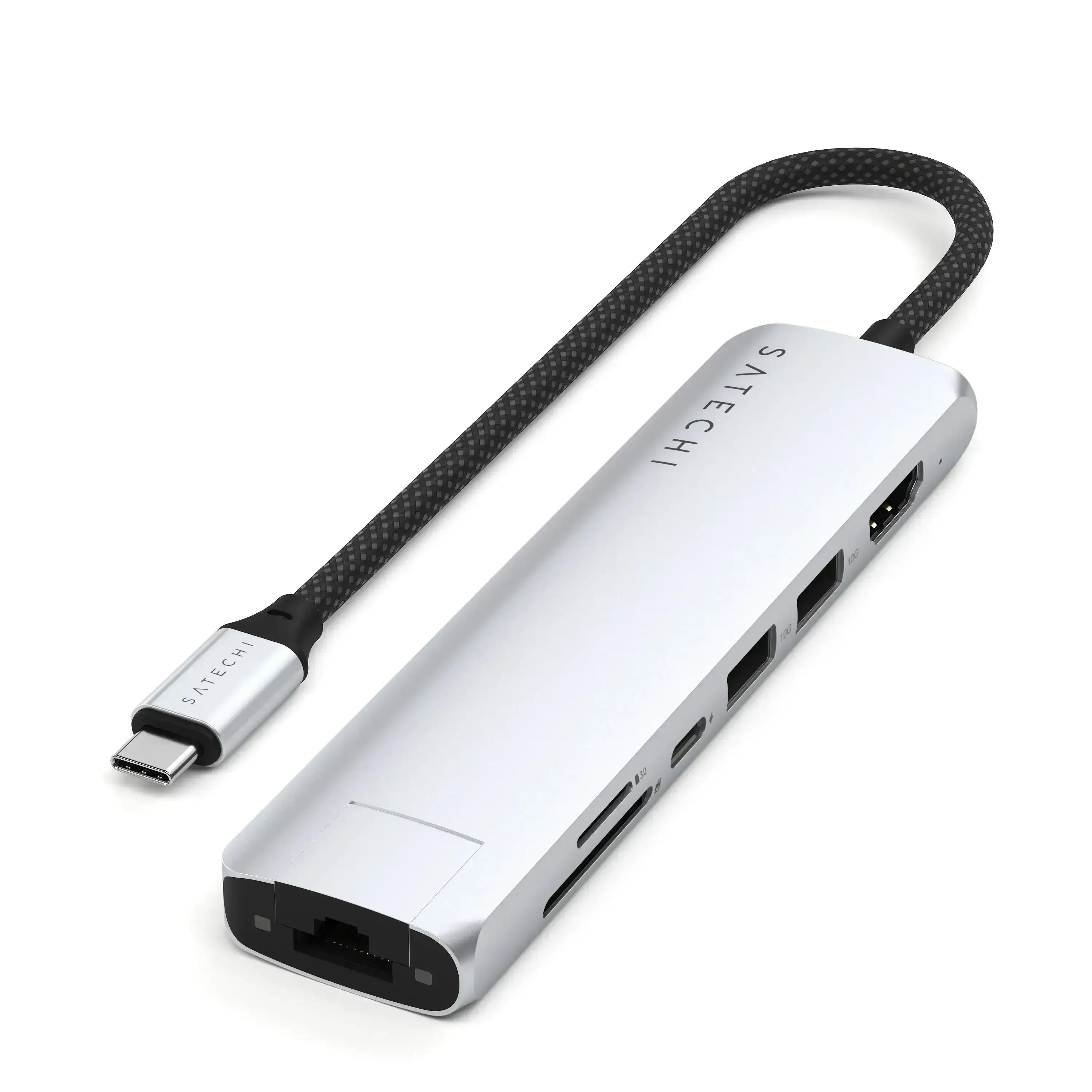 Srebrny adapter USB-C 7w1 z portem Ethernet oraz złączami HDMI, USB i czytnikiem kart