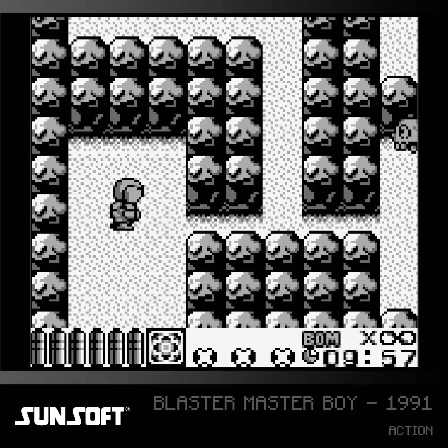 Gra Blaster Master Boy z 1991 roku, retro akcja na konsoli Game Boy, pixel art, Sunsoft