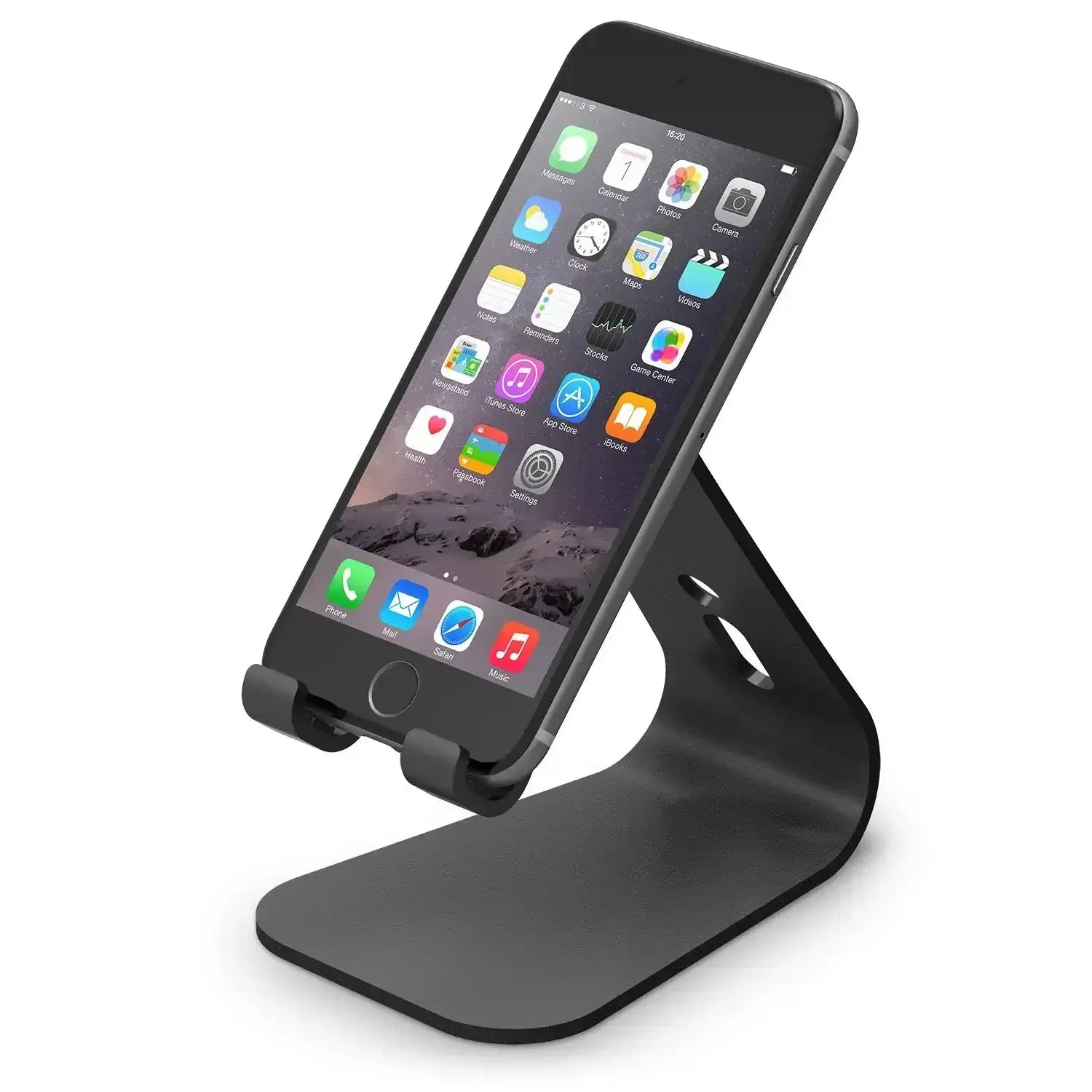 Czarny metalowy stojak na telefon do biura, smartfon ustawiony pionowo, akcesoria do home office