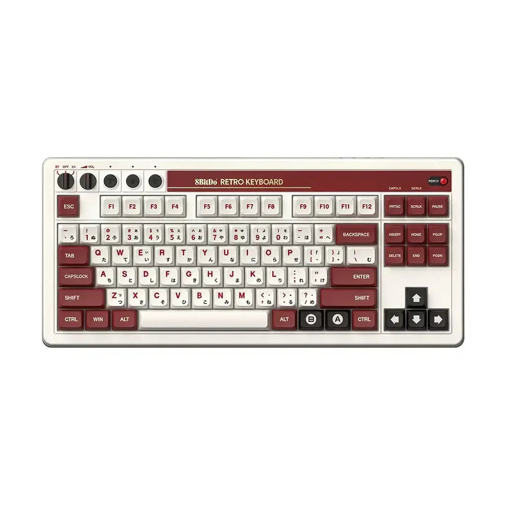 Mechaniczna klawiatura retro 8BitDo z czerwono-białymi klawiszami, idealna do biura i gamingu.