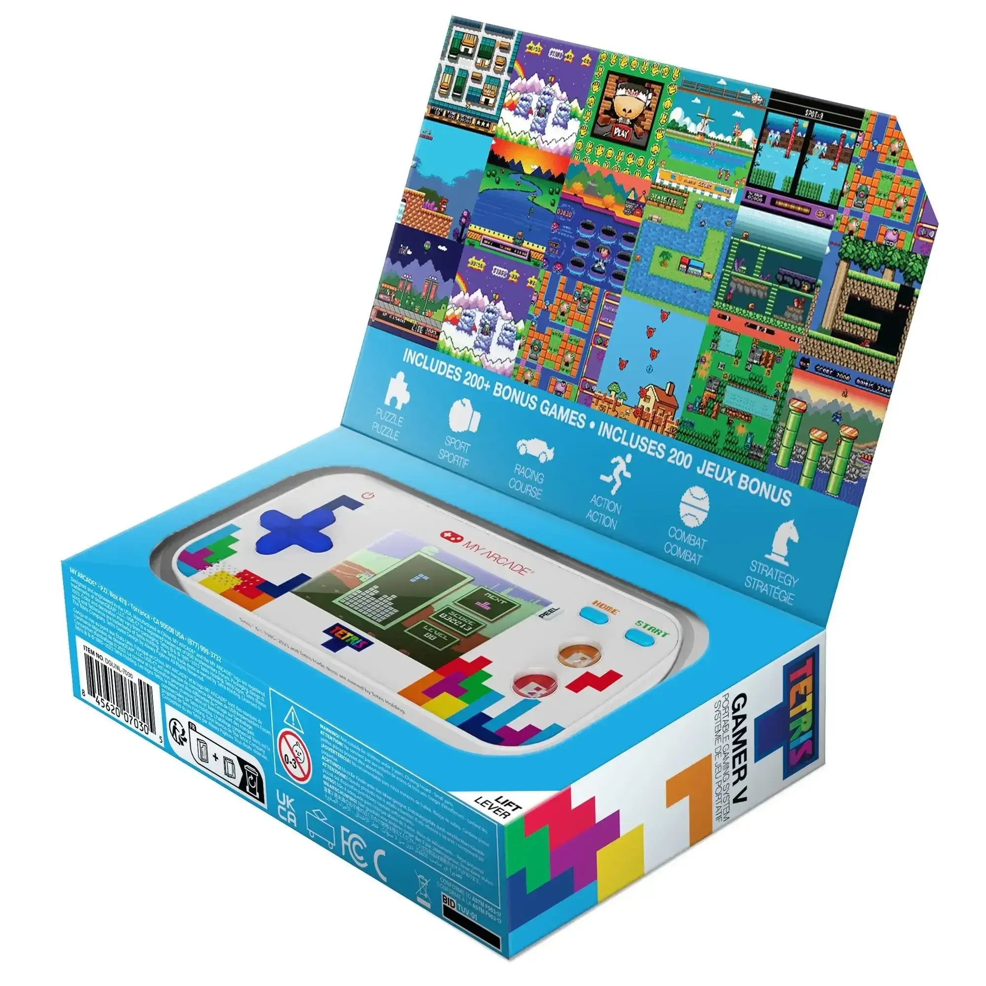 Konsola do gier retro Tetris Gamer V w opakowaniu, kolorowa grafika i przykładowe gry