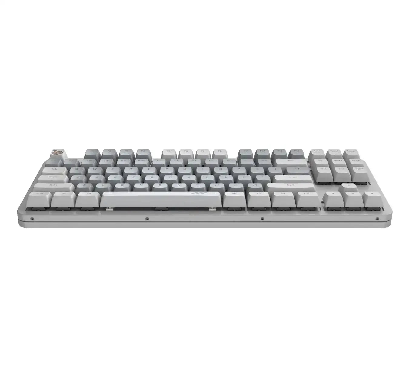 Klawiatura mechaniczna w kolorze szarym, ergonomiczny układ klawiszy, akcesoria biurowe