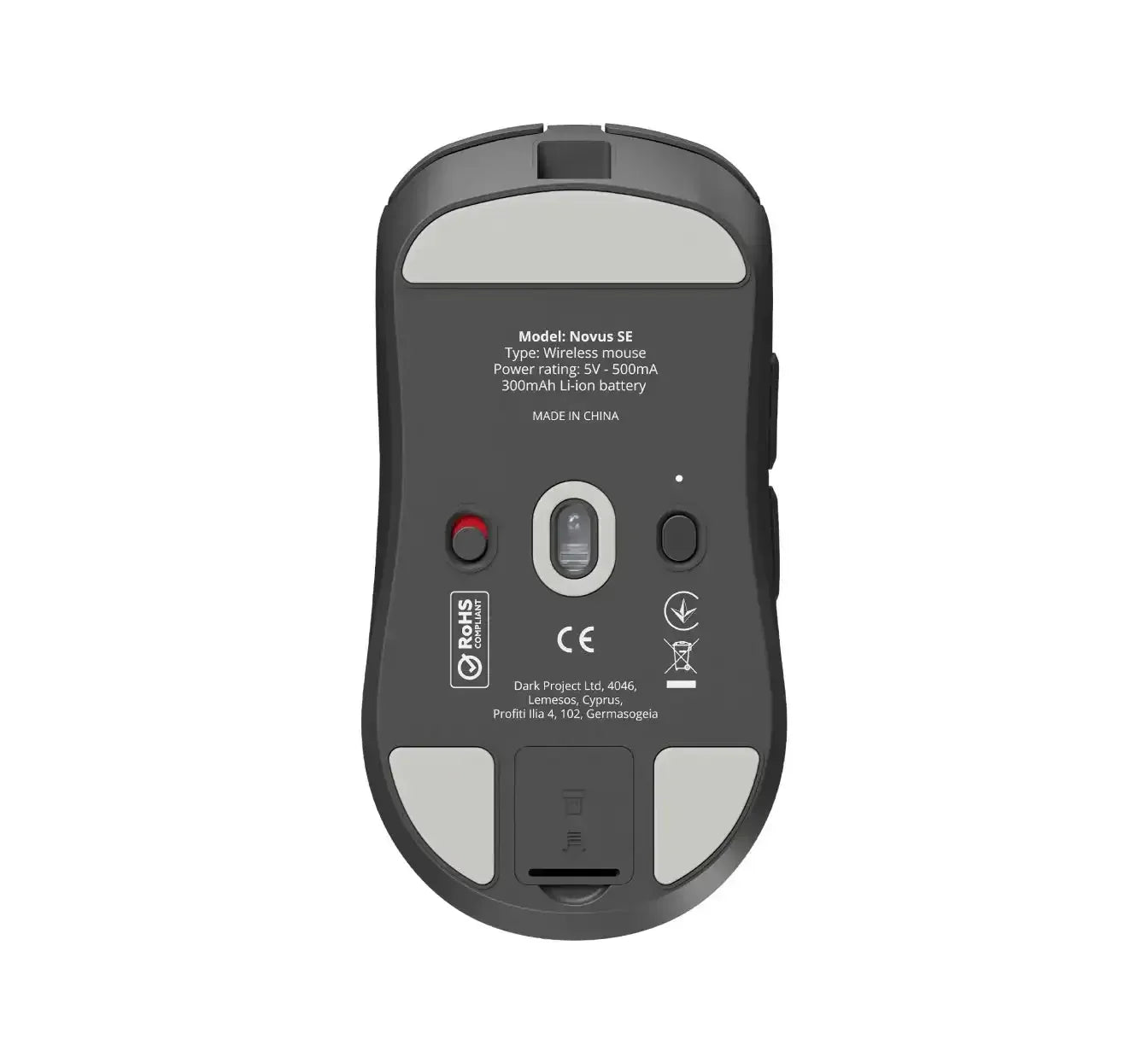 Spód bezprzewodowej myszki komputerowej Novus SE, widoczny sensor optyczny i przyciski, akcesoria biurowe.