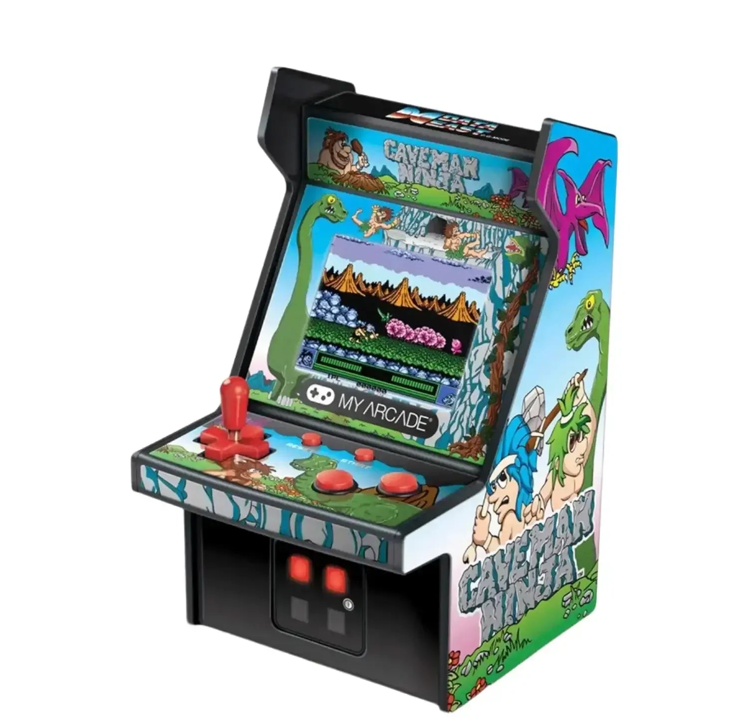 Mini automat arcade Caveman Ninja z kolorową grafiką, joystickiem i przyciskami do gier retro