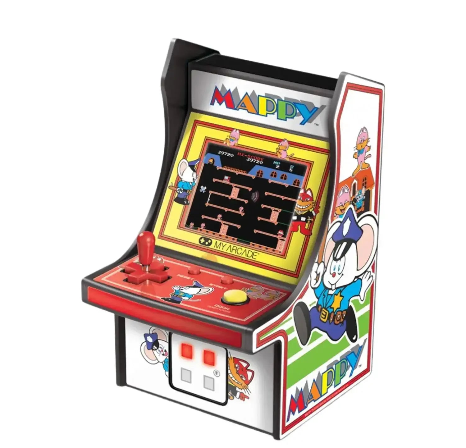 Mini automat arcade Mappy z joystickiem, kolorowy ekran retro gry, dekoracje z myszą policjantem
