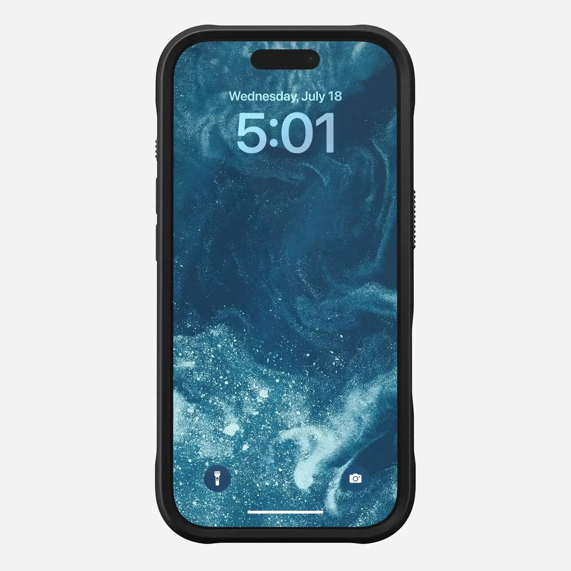 iPhone w czarnej etui, wyświetlacz z abstrakcyjną tapetą, zdjęcie produktowe