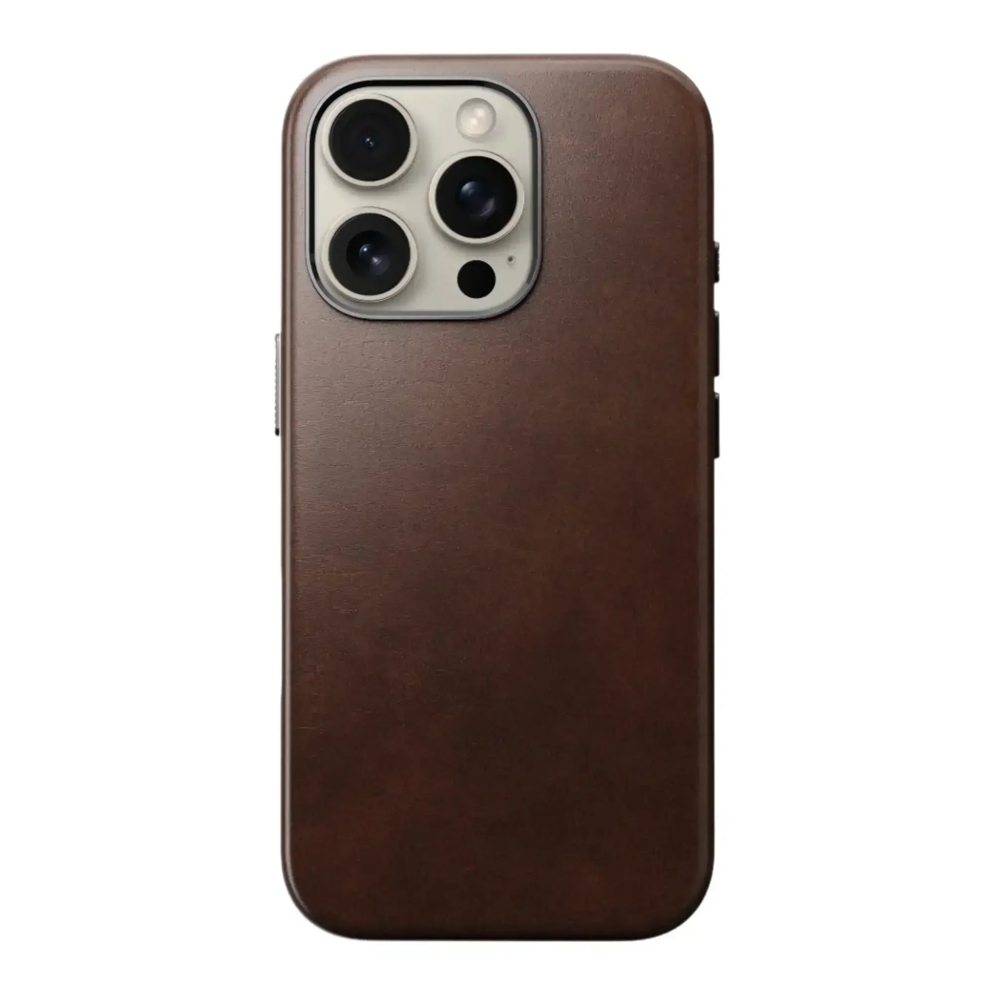 Brązowe skórzane etui na iPhone z trzema obiektywami, elegancka ochrona telefonu