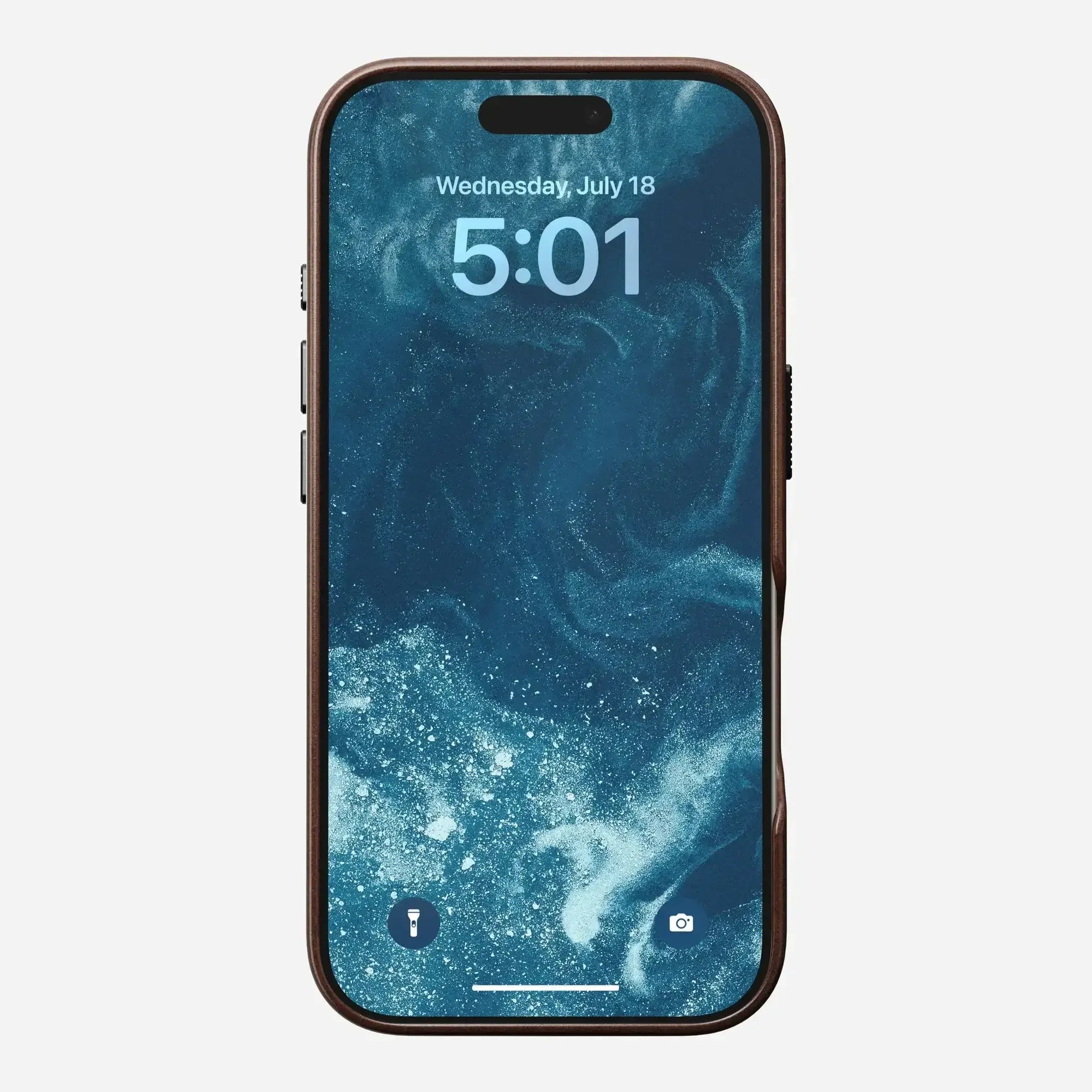 iPhone z ciemnoniebieską animowaną tapetą, brązowe etui, widok z przodu
