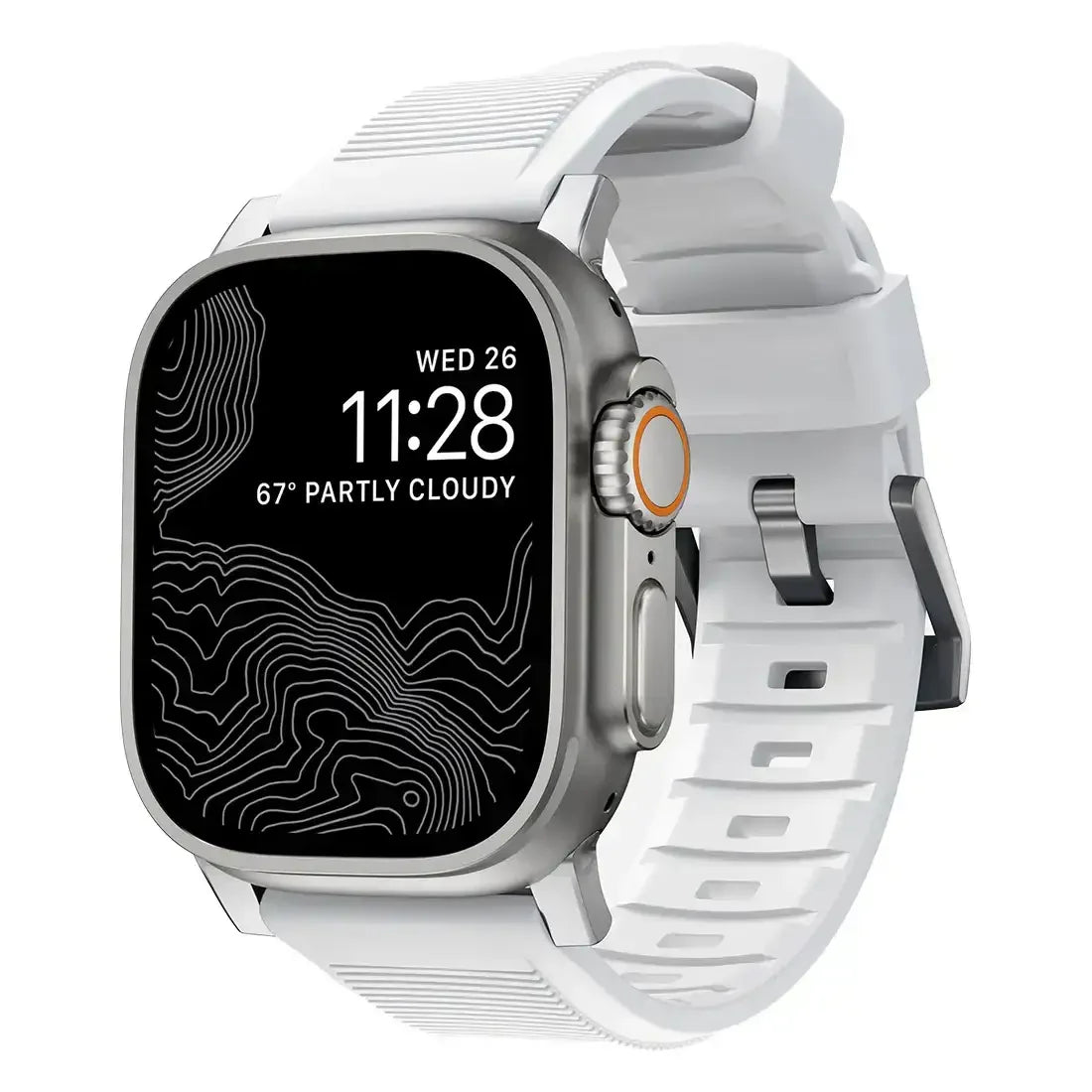 Smartwatch z białym paskiem, ekran z mapą topograficzną, nowoczesny zegarek