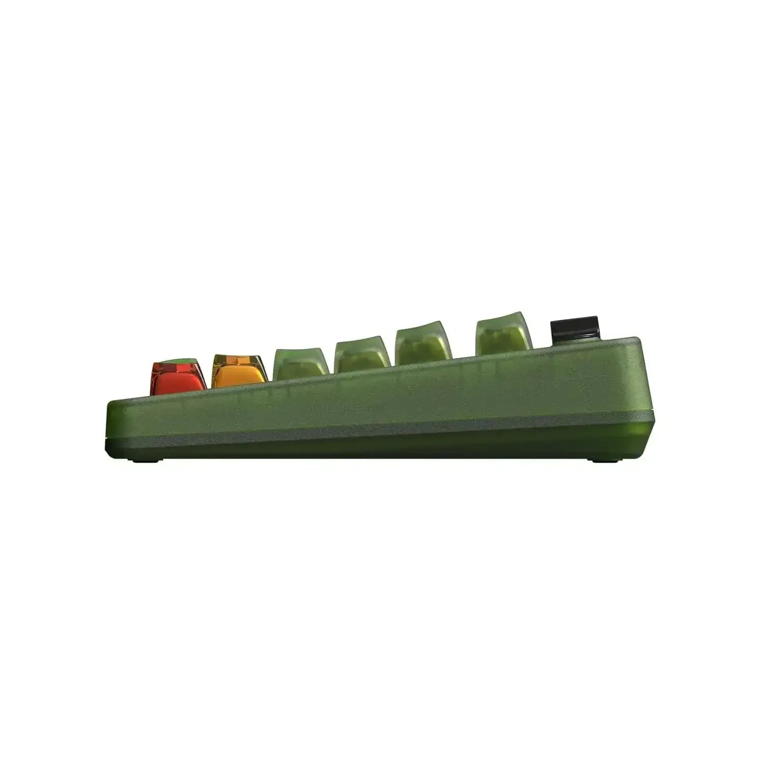 Boczny widok zielonej klawiatury mechanicznej z kolorowymi keycapami, retro design.