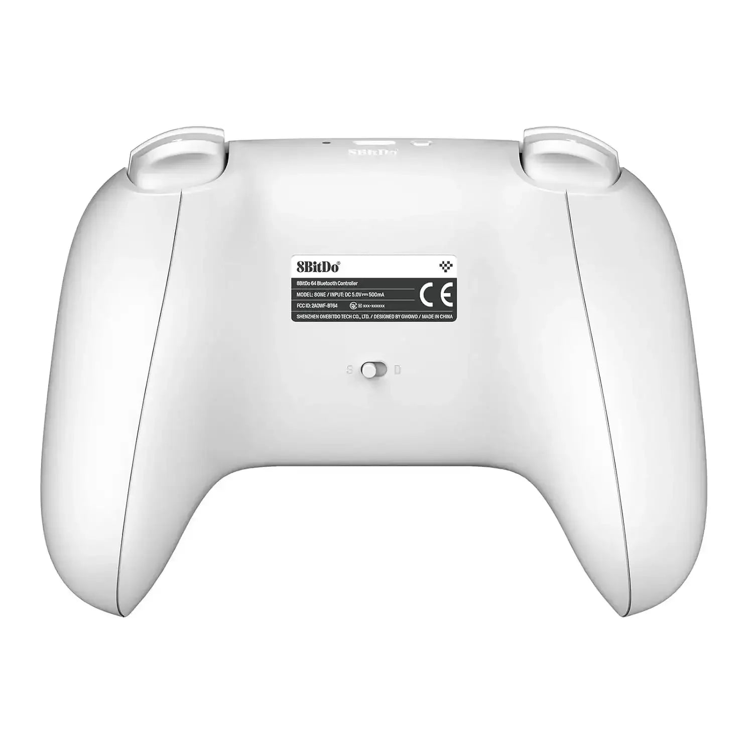 biały bezprzewodowy pad Bluetooth do gier, widok tyłu kontrolera, ergonomiczny kształt