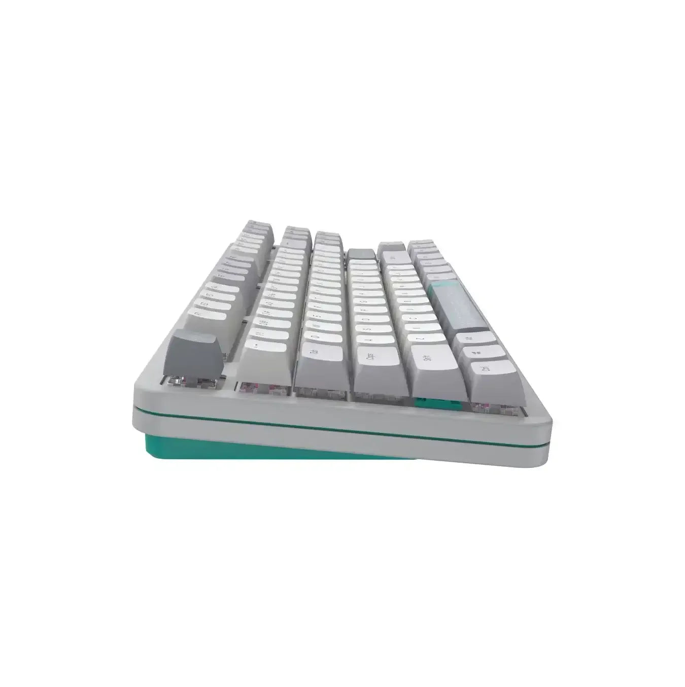Mechaniczna klawiatura biurowa, profil boczny, białe i szare keycapy, ergonomiczny design