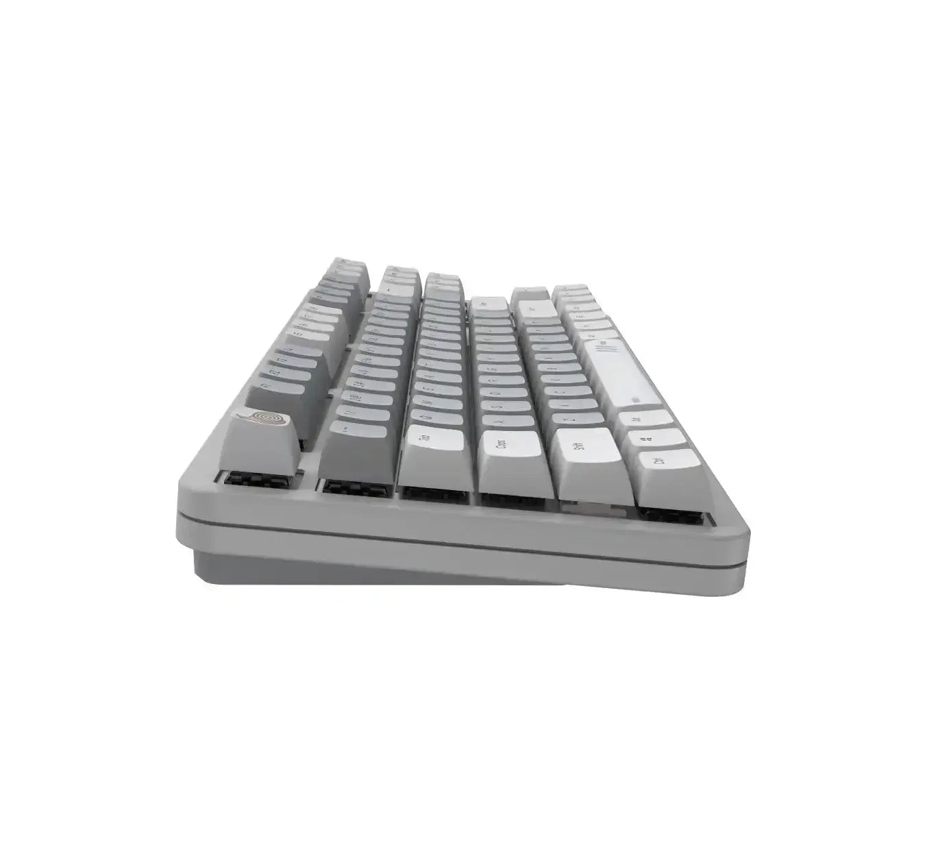 Profil boczny szarej klawiatury mechanicznej z wysokimi keycapami, biurowe akcesoria