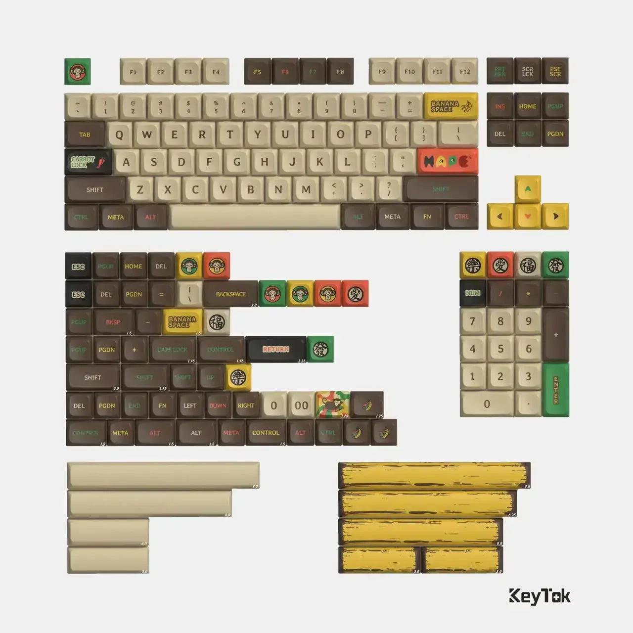 Kolorowe keycapy do klawiatury mechanicznej z motywami bananów i postaci, układ QWERTY.