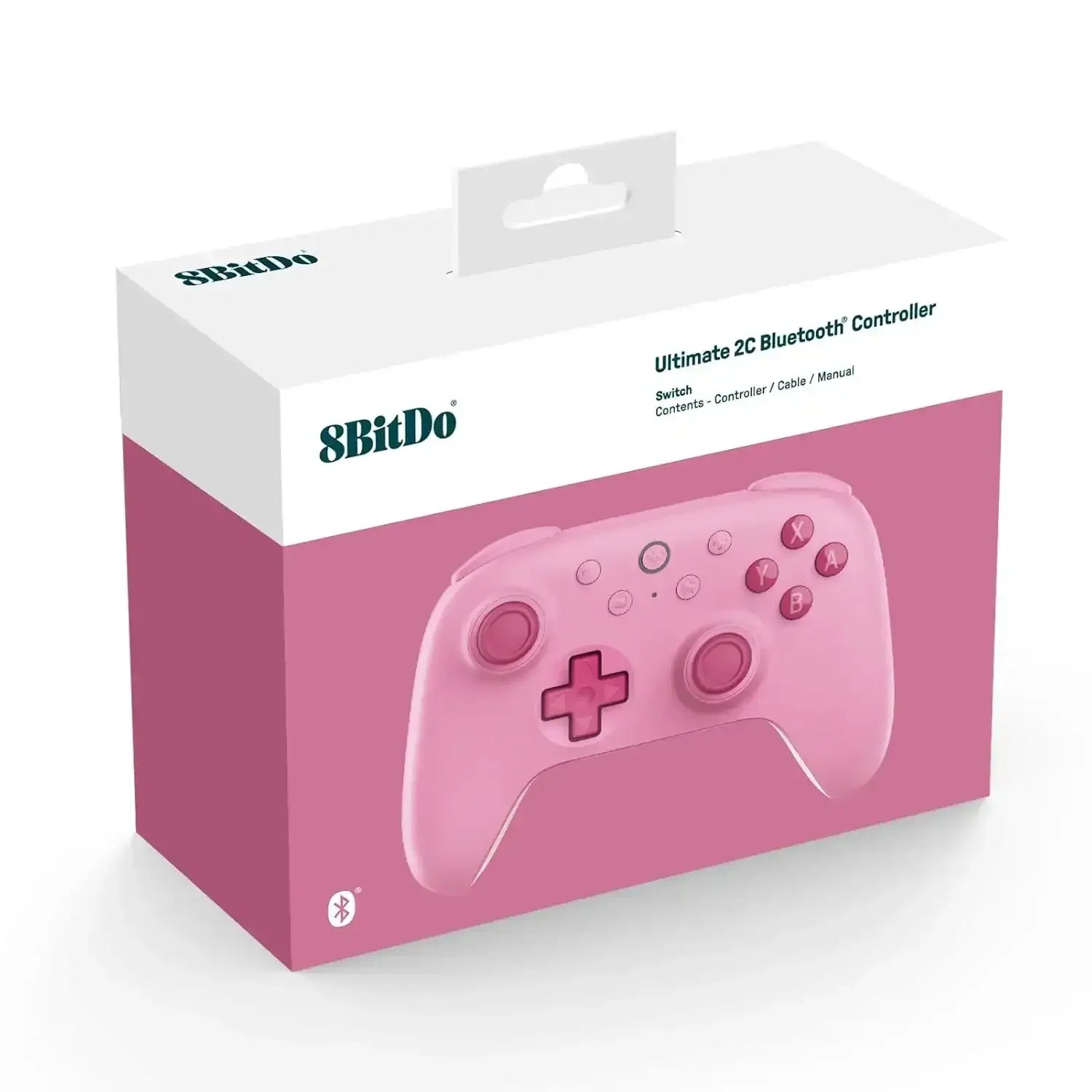 Różowy bezprzewodowy kontroler Bluetooth do gier na Switch, zapakowany w pudełko.