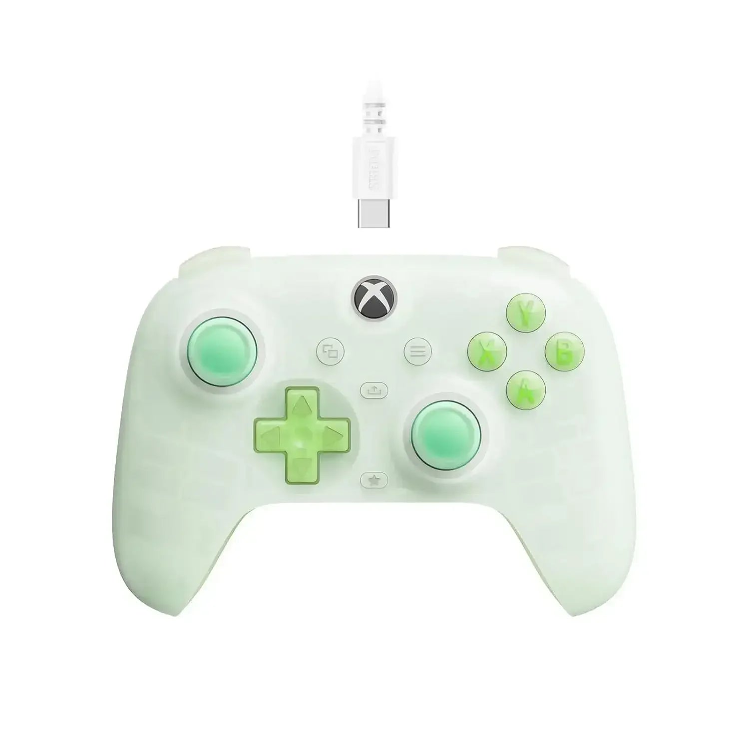 Przewodowy zielony kontroler do Xbox z przyciskami i portem USB-C na białym tle