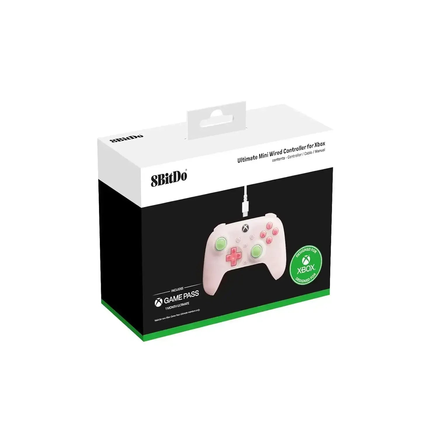 Różowy przewodowy kontroler Ultimate Mini 8BitDo do Xbox w opakowaniu, akcesorium gamingowe