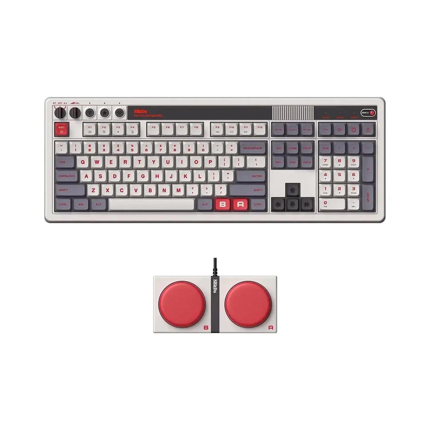 Retro klawiatura mechaniczna z bocznym panelem i dwoma czerwonymi przyciskami gamingowymi