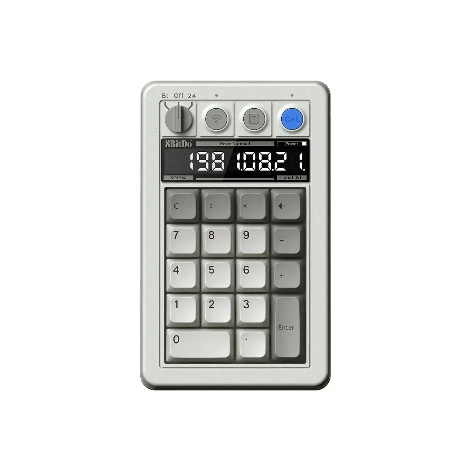 Mechaniczny numpad retro w odcieniach szarości, wyświetlacz LED, klawisze funkcyjne