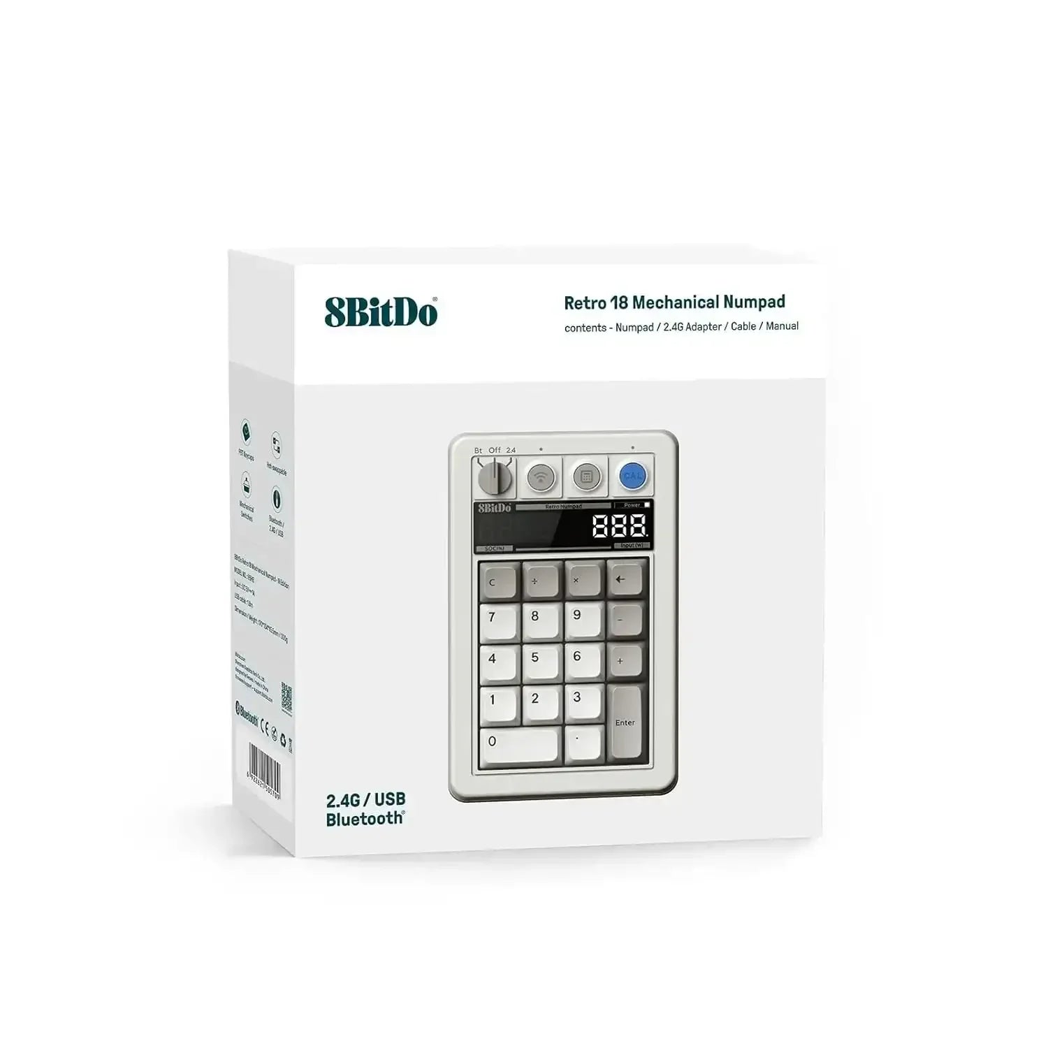 Pudełko z mechanicznym panelem numerycznym 8BitDo Retro 18, łączność USB i Bluetooth.