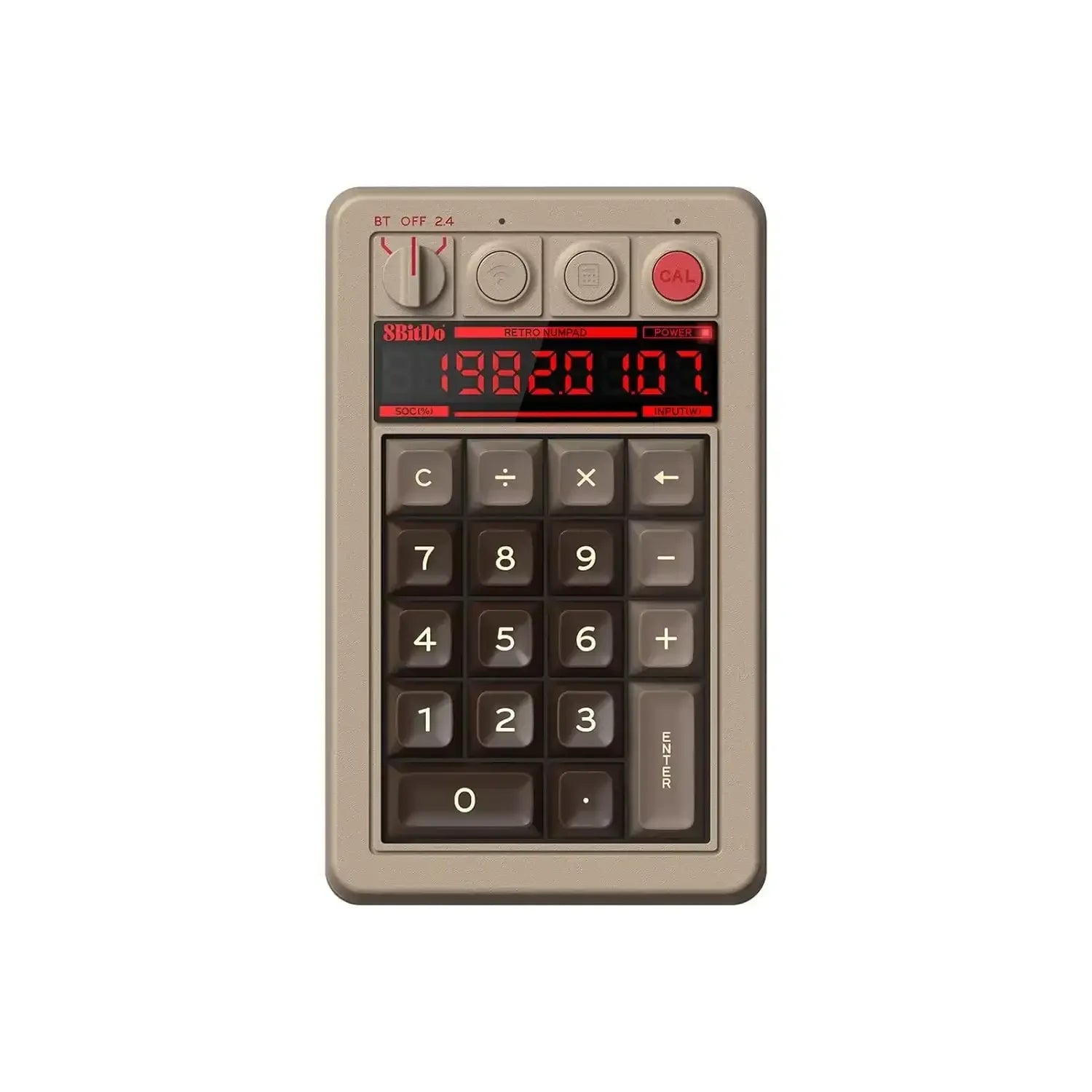 Retro mechaniczny panel numeryczny w stylu C64 z wyświetlaczem LED, klawisze funkcyjne