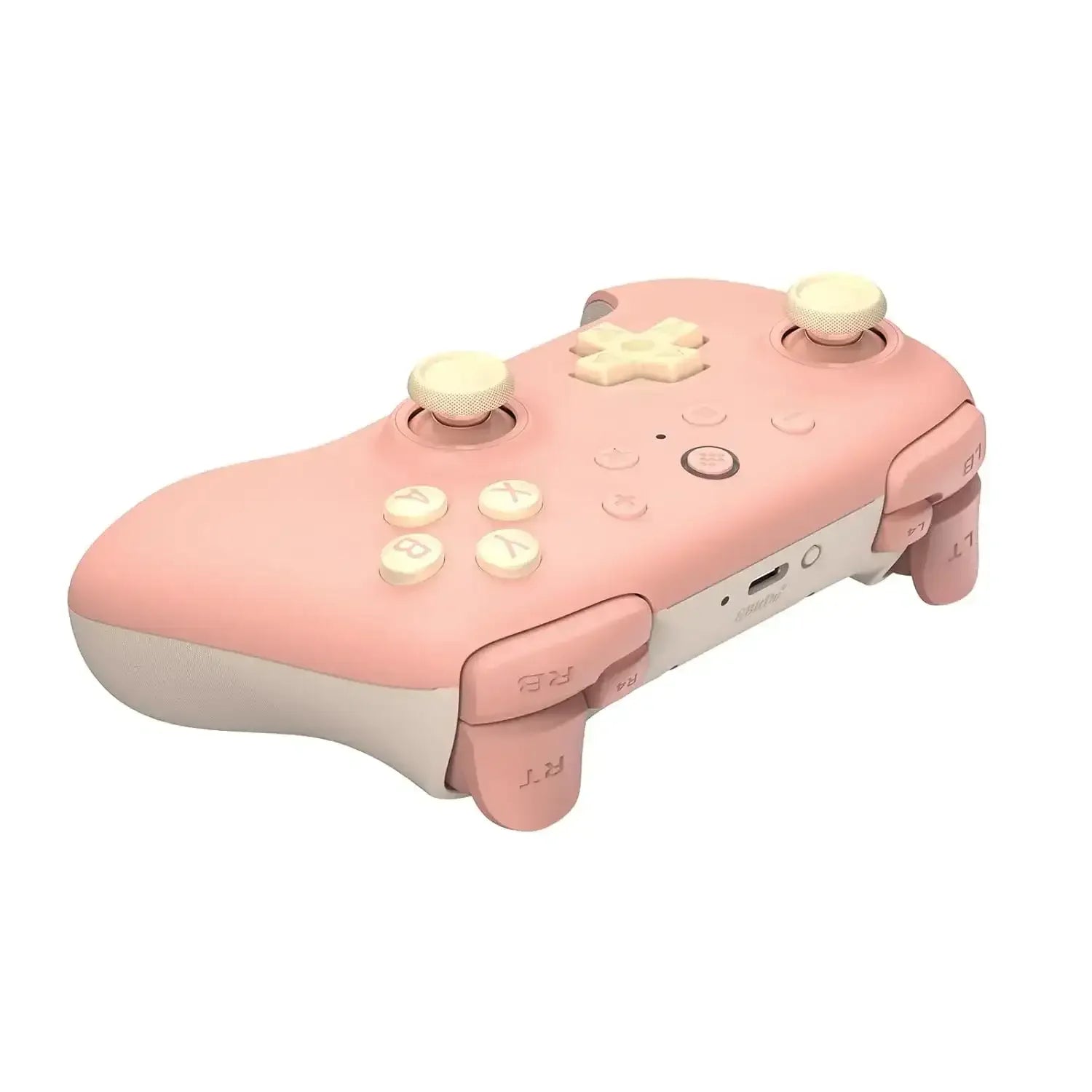 Bezprzewodowy kontroler do gier w kolorze brzoskwiniowym, nowoczesny design, joysticki i przyciski.