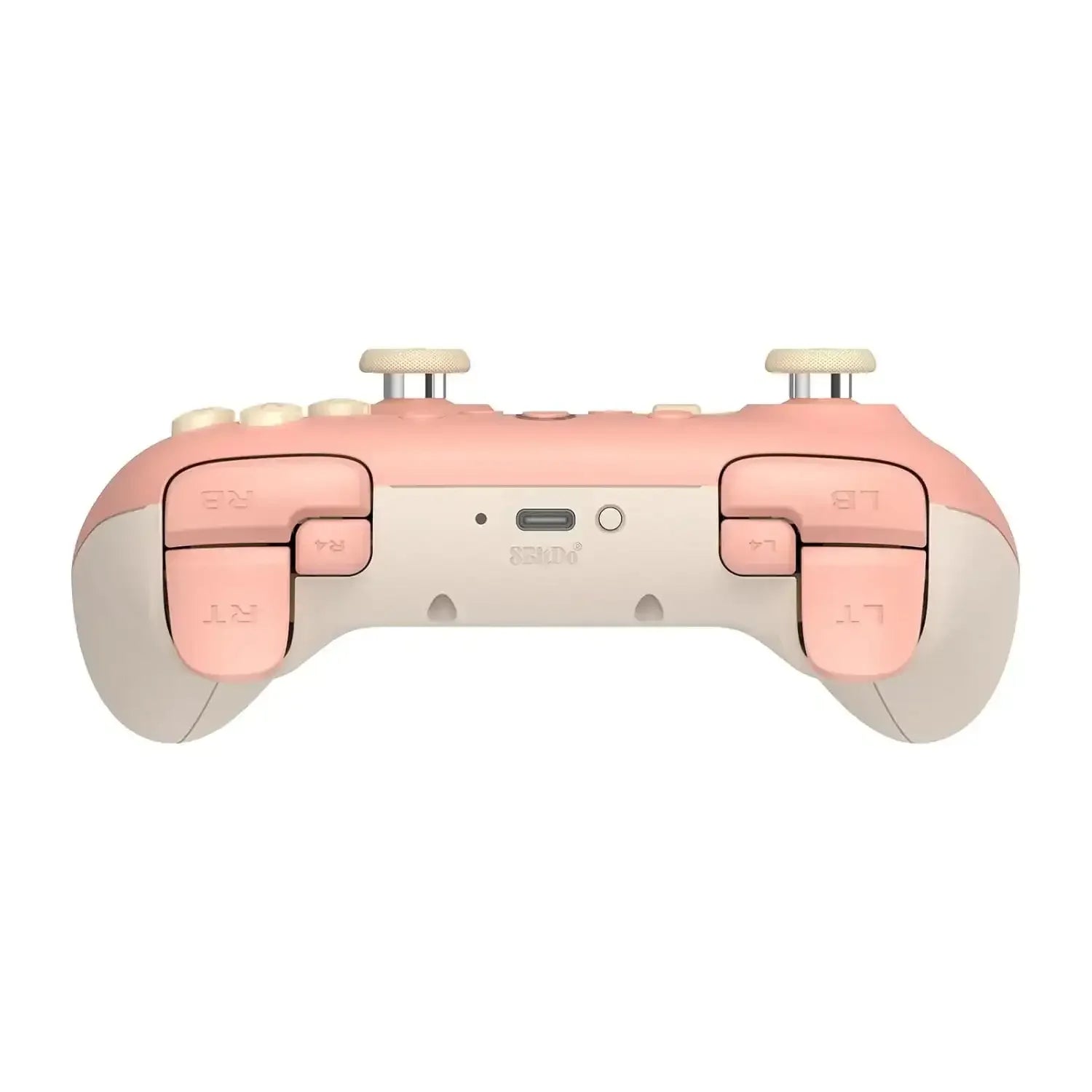 Bezprzewodowy kontroler do gier w kolorze brzoskwiniowym, port USB-C, ergonomiczny design.