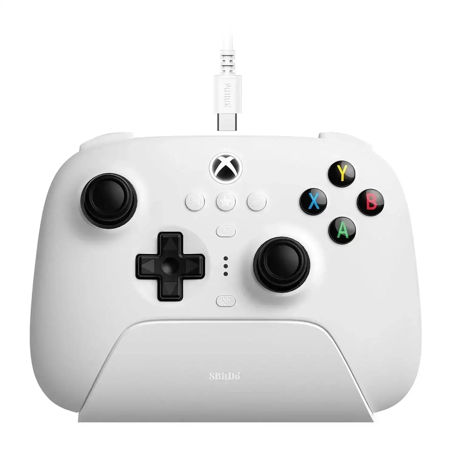 Biały kontroler do gier Xbox z podstawką, joystickami i kolorowymi przyciskami ABXY
