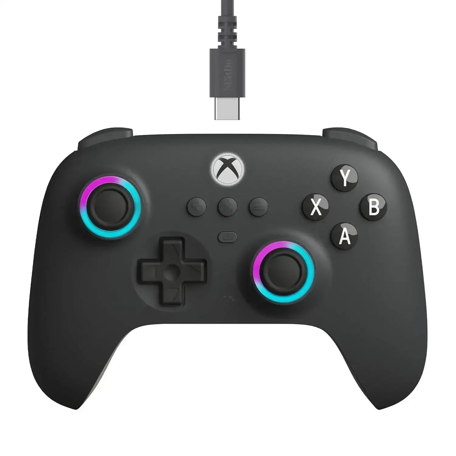Szary przewodowy kontroler do Xbox z podświetlanymi joystickami, widok z przodu