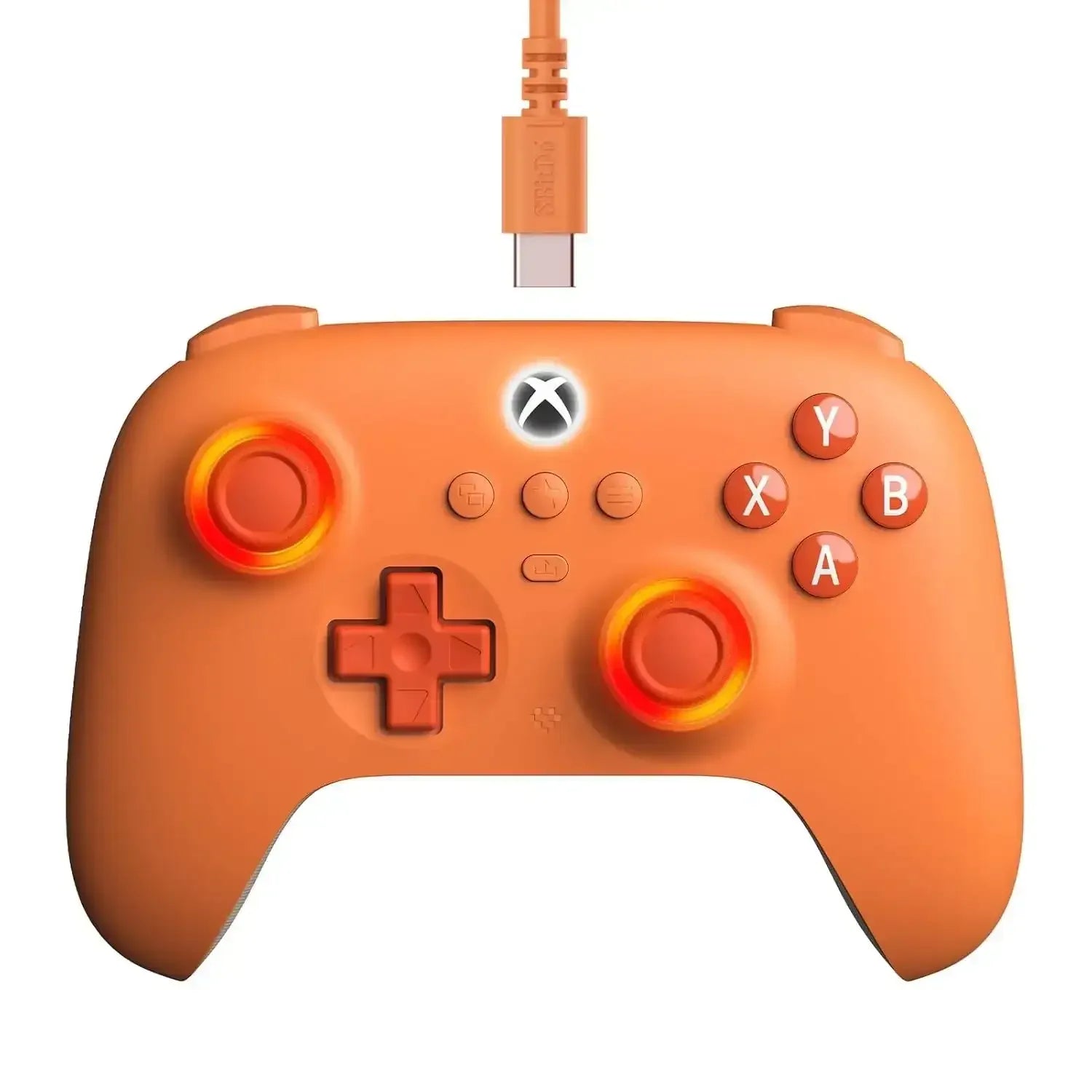 Pomarańczowy przewodowy kontroler do Xbox z przyciskami i podświetlanymi joystickami