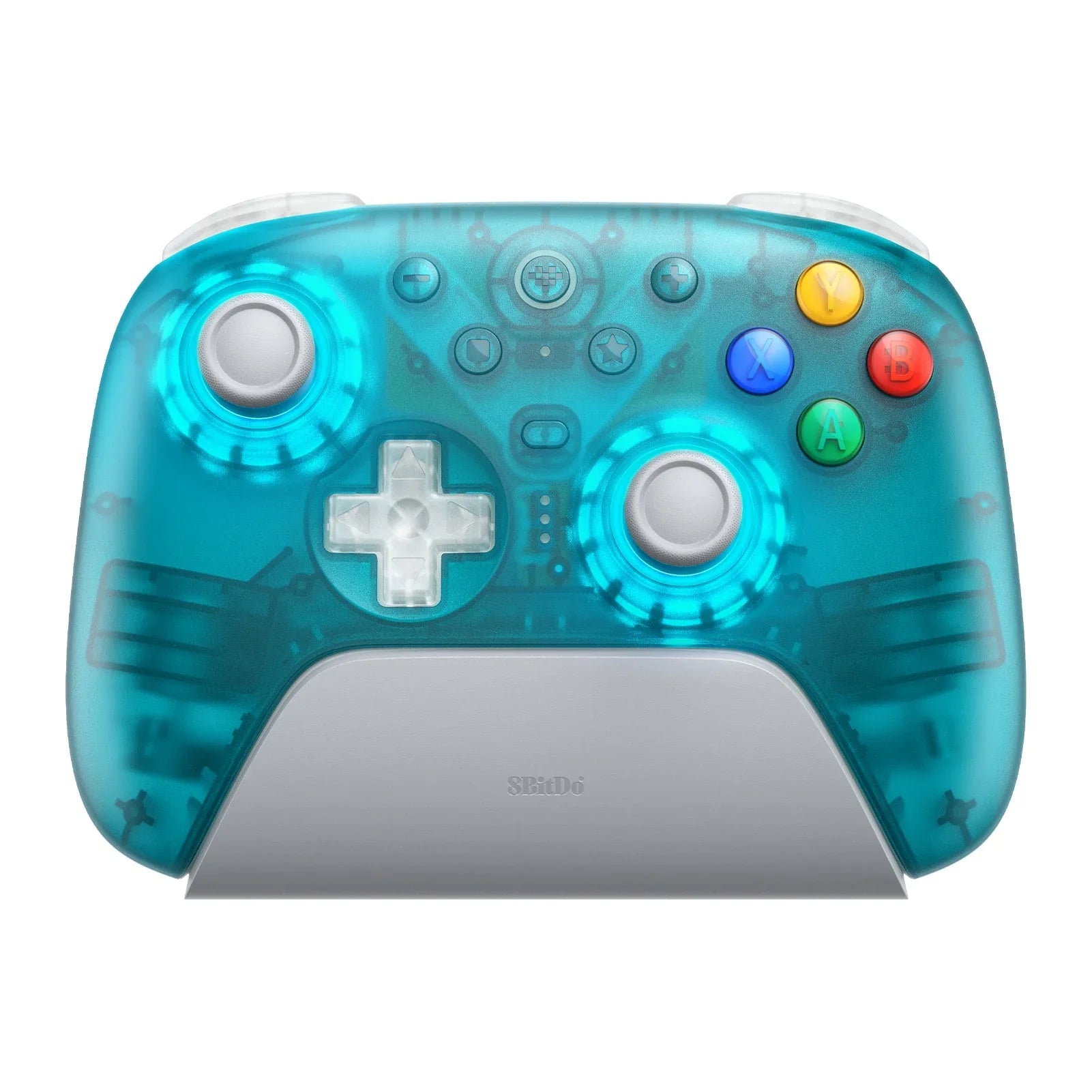 Przezroczysty, niebieski gamepad 8BitDo z kolorowymi przyciskami i ergonomicznym designem