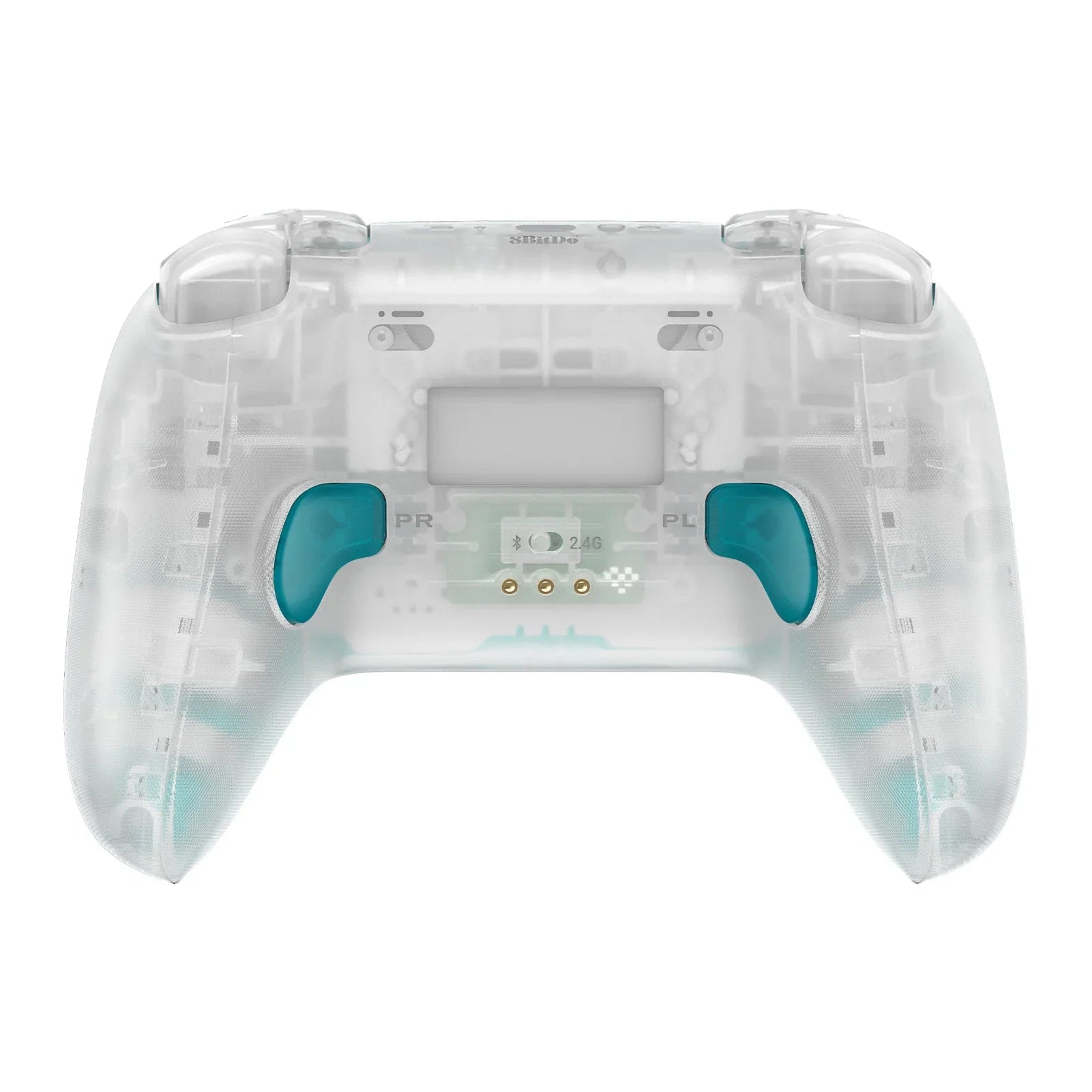 Przezroczysty gamepad 8BitDo z turkusowymi nakładkami, idealny do gamingu i biura