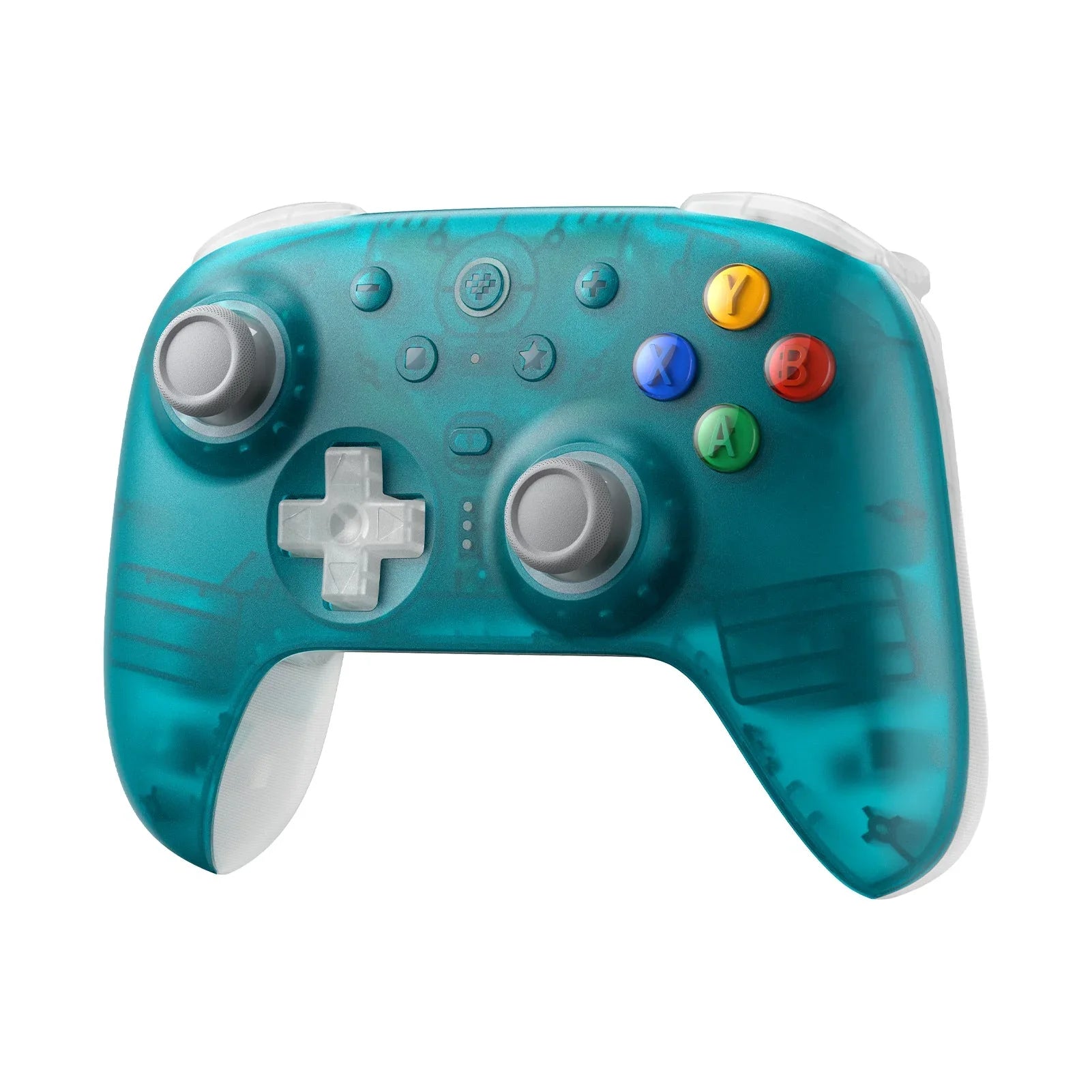 Przezroczysty kontroler Xbox w kolorze turkusowym z kolorowymi przyciskami A, B, X, Y