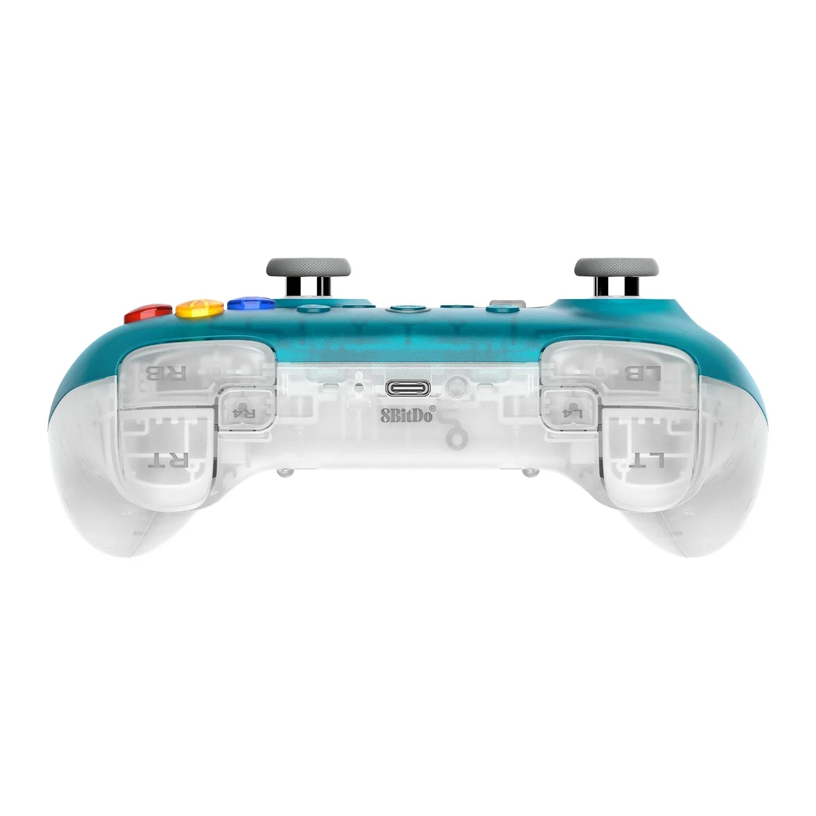 Przezroczysty kontroler 8BitDo z kolorowymi przyciskami i szarymi joystickami