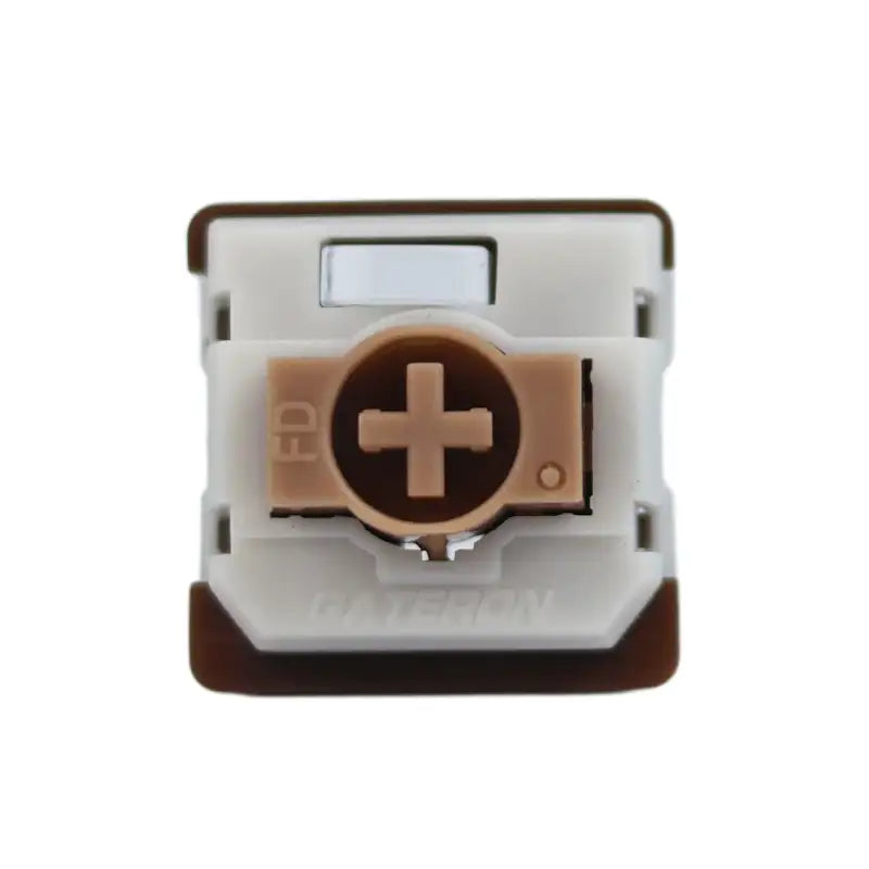 Brązowy przełącznik mechaniczny Gateron do klawiatury, widok z góry, wyraźne oznaczenia