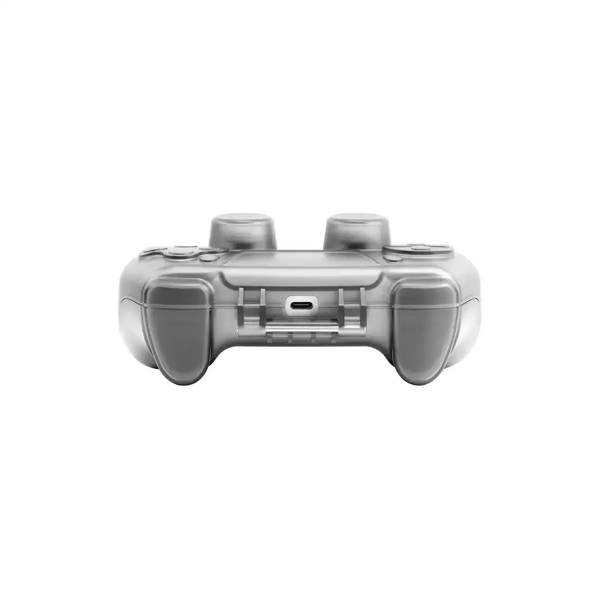 Szary gamepad z przezroczystą obudową, widok od dołu, port USB-C do ładowania