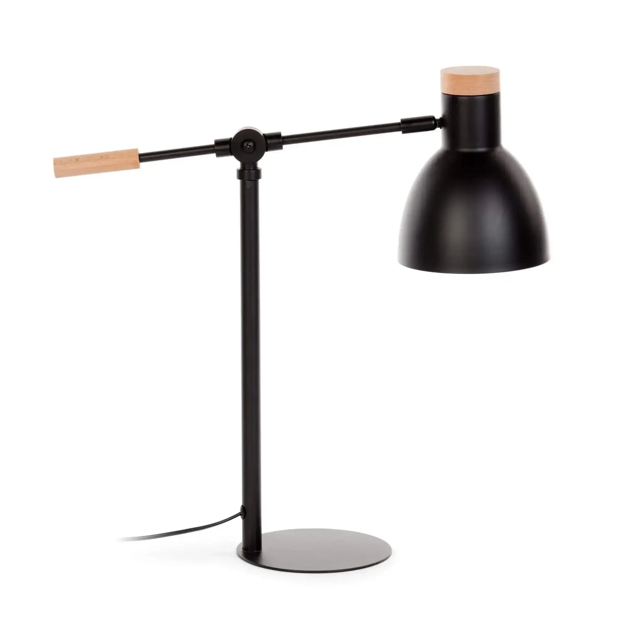 Czarna lampa biurkowa z drewnianymi detalami, nowoczesny design do home office