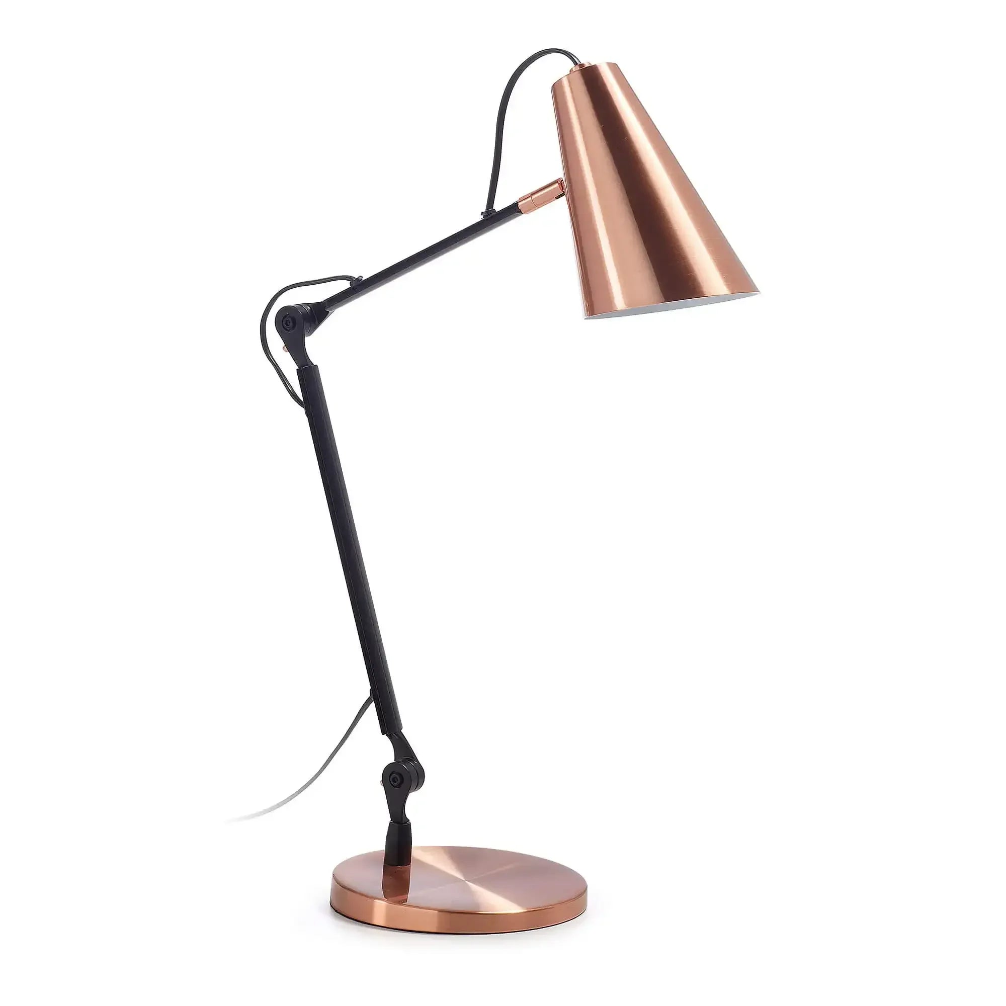 Nowoczesna lampa biurkowa, miedziana z regulowanym ramieniem, idealna do home office.