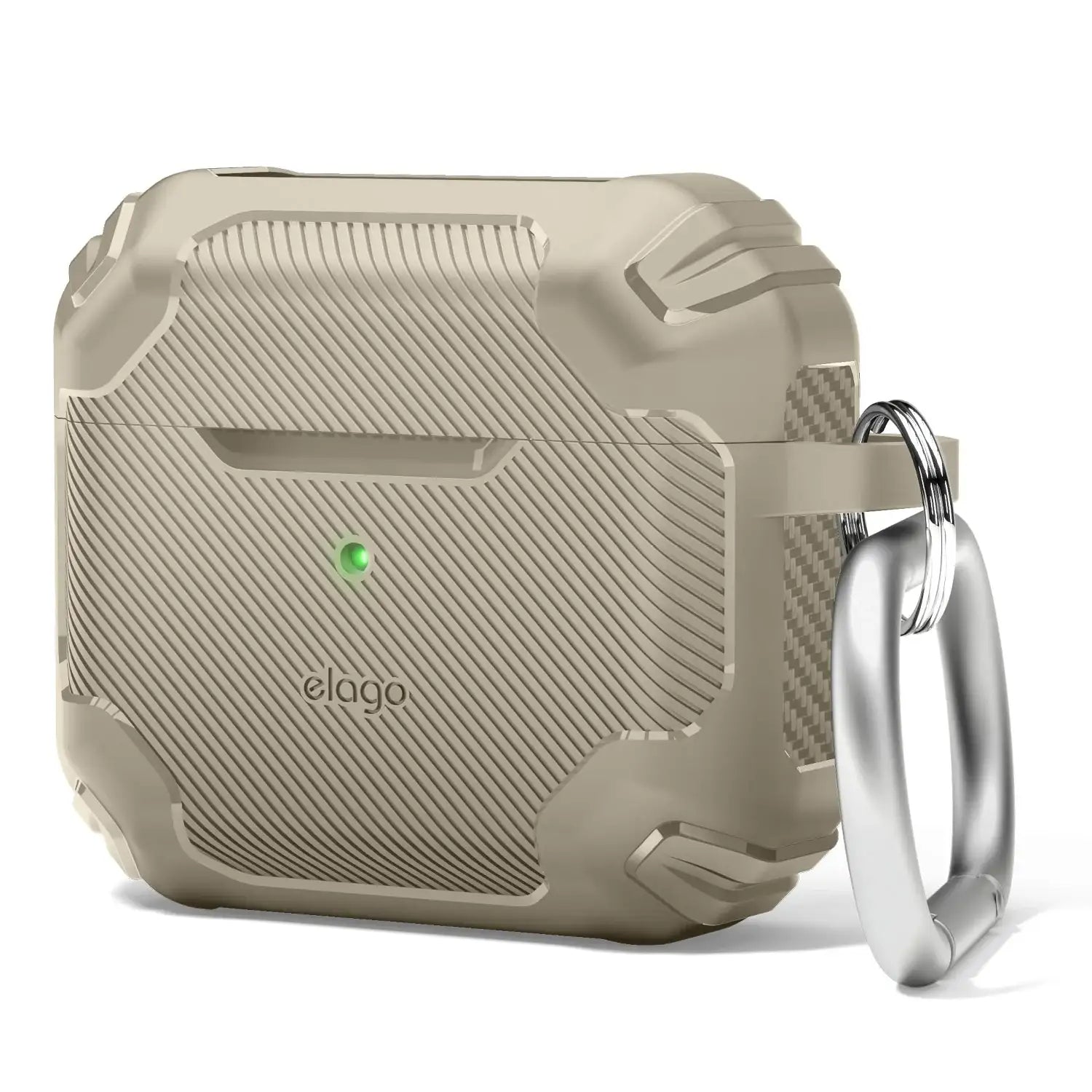 Beżowe wytrzymałe etui elago na AirPods Pro z karabińczykiem i teksturą przeciwpoślizgową