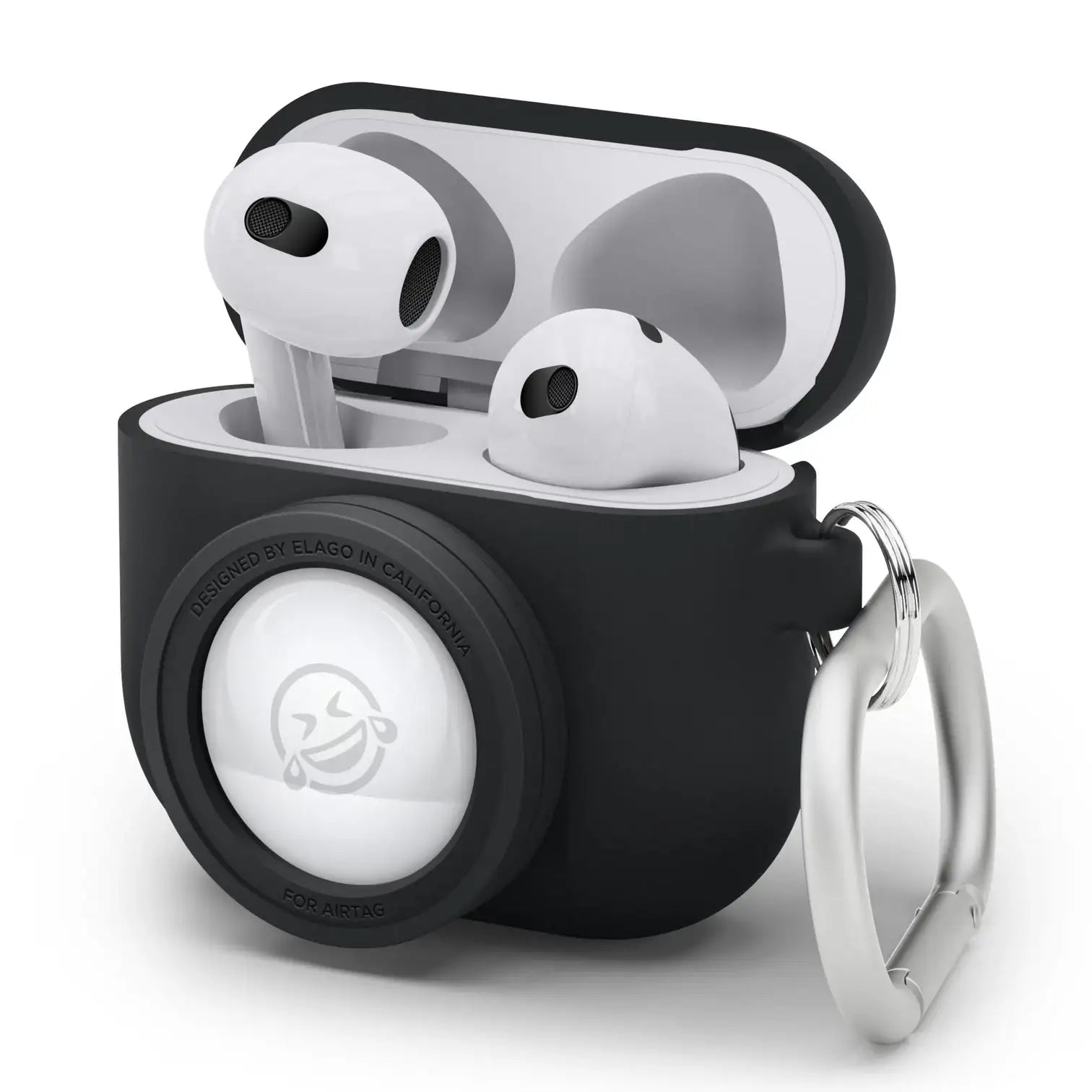Czarna etui na AirPods z miejscem na Apple AirTag i metalowym karabińczykiem