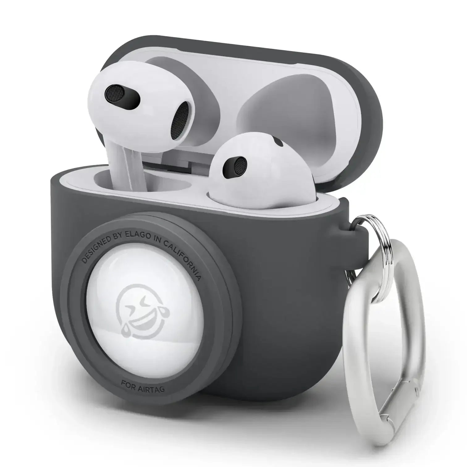 Etui na AirPods z miejscem na AirTag i karabińczykiem, czarno-białe akcesorium biurowe