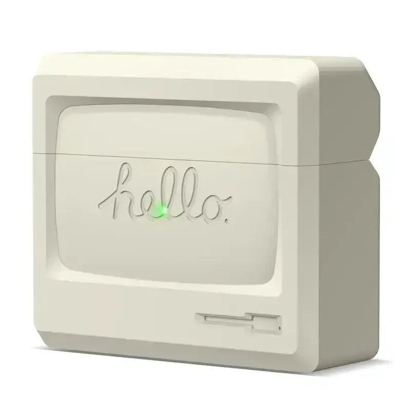 Biały organizer biurkowy w kształcie retro monitora, napis hello, minimalistyczny dodatek do home office
