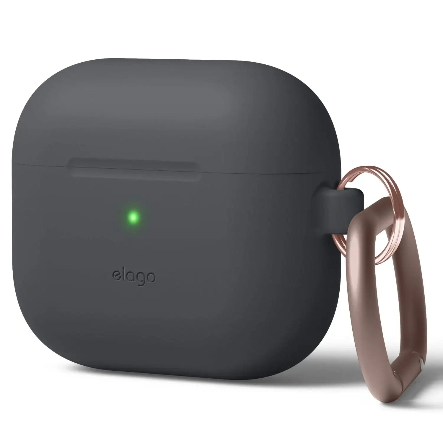 Ciemnoszare etui Elago na AirPods Pro z brelokiem i zieloną diodą LED, minimalistyczny design.