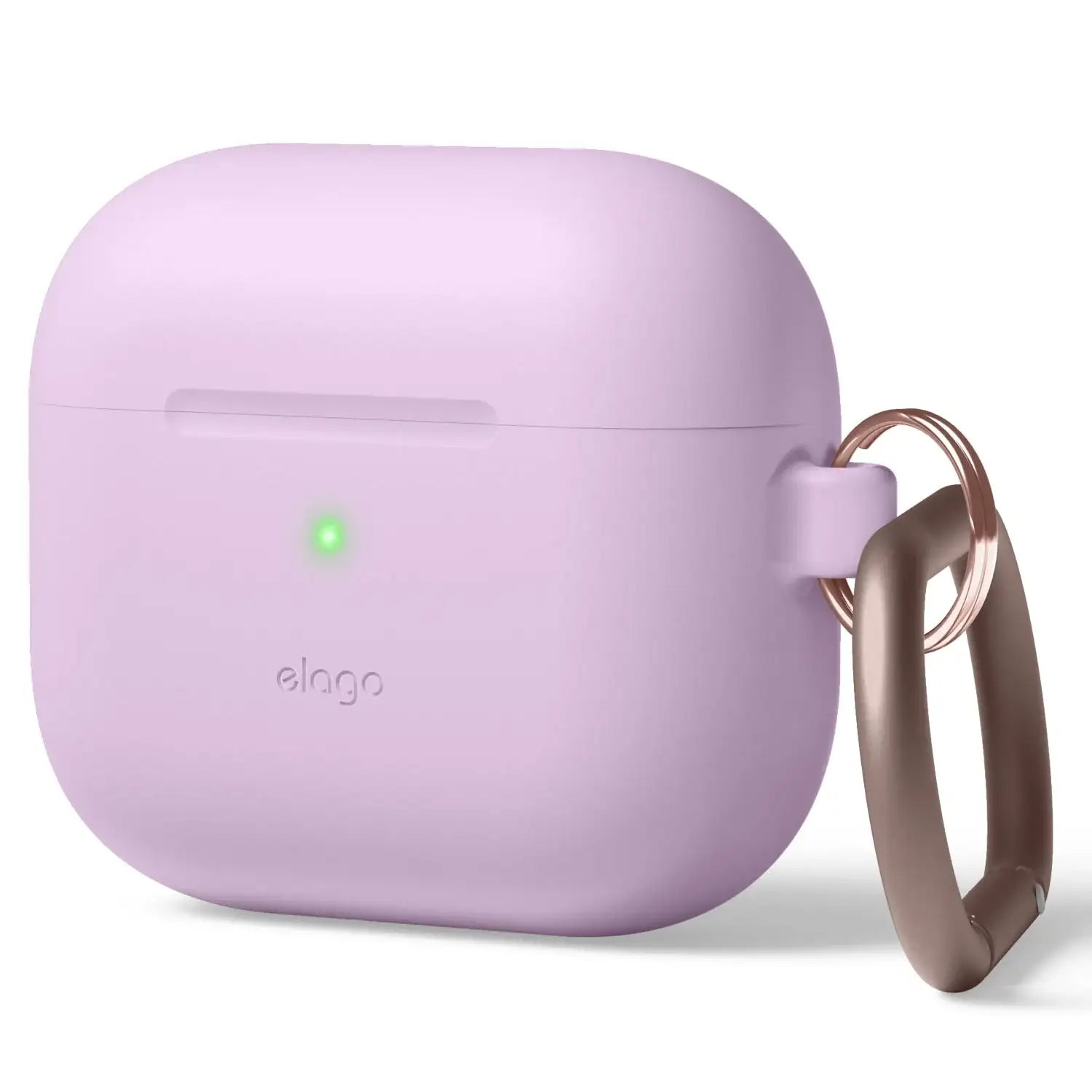 Fioletowe etui na AirPods z karabińczykiem i świecącą diodą LED, marka elago