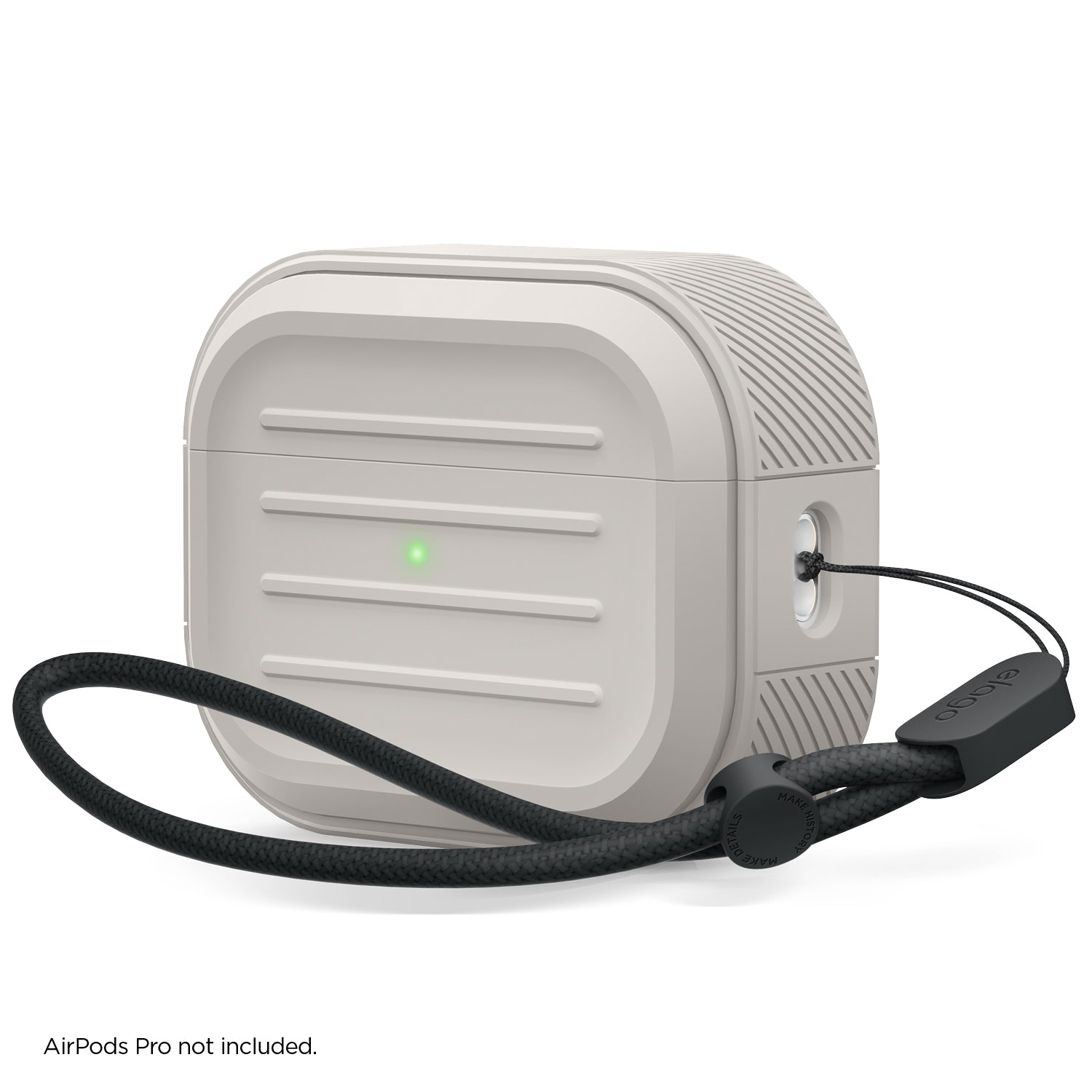 Etui ochronne szare do AirPods Pro z czarną smyczą, widoczne żłobienia i lampka LED.