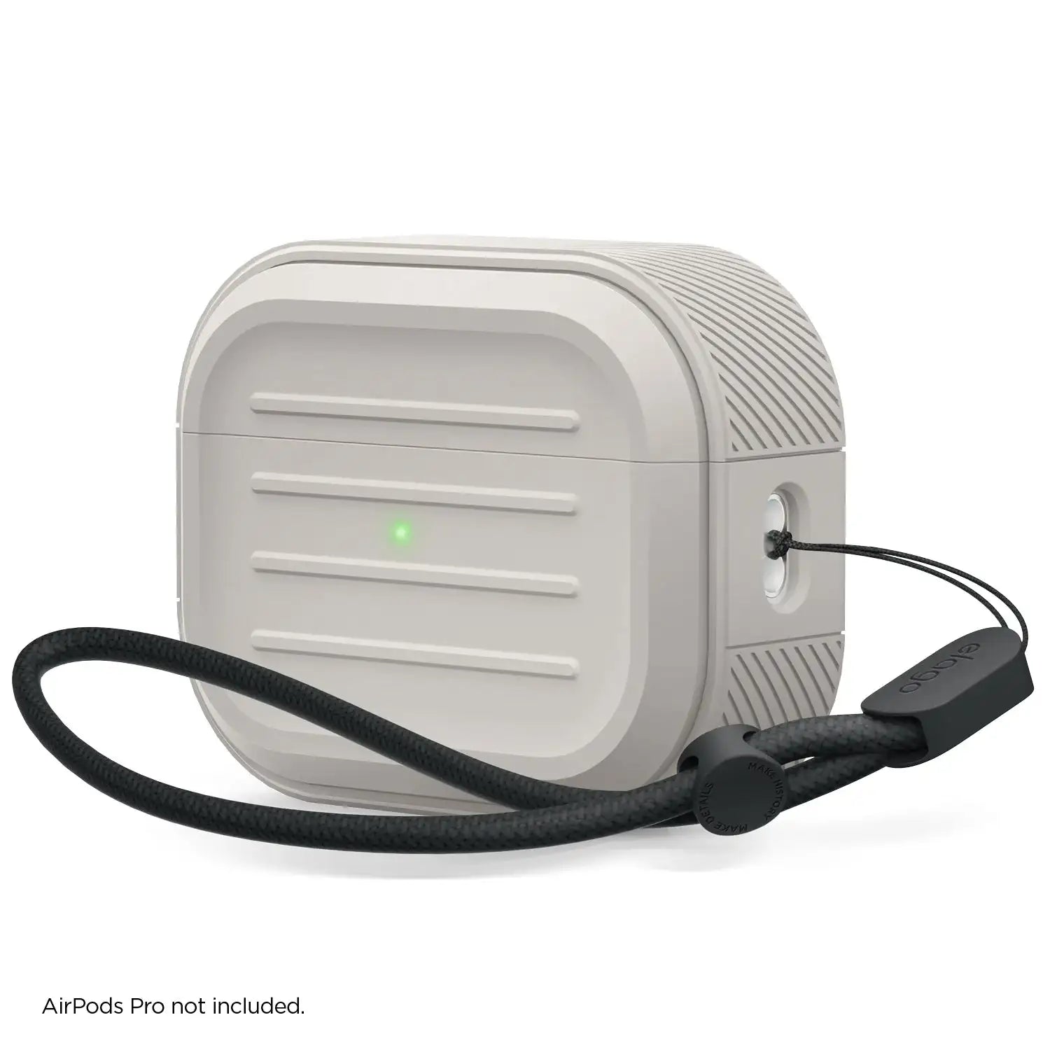 Etui ochronne szare do AirPods Pro z czarną smyczą, widoczne żłobienia i lampka LED.