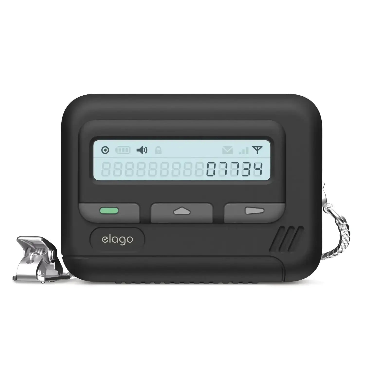 Czarna elektroniczna pagera z wyświetlaczem LCD, przyciskami i metalowym klipsem, akcesorium biurowe.